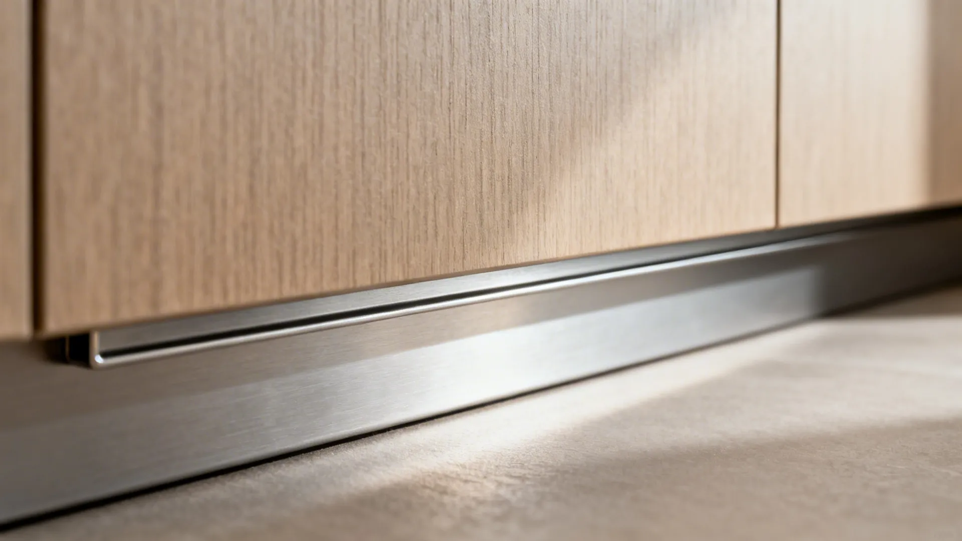 Macro detail of handleless pull channel with matte finish and shadow gap above the toe-kick.