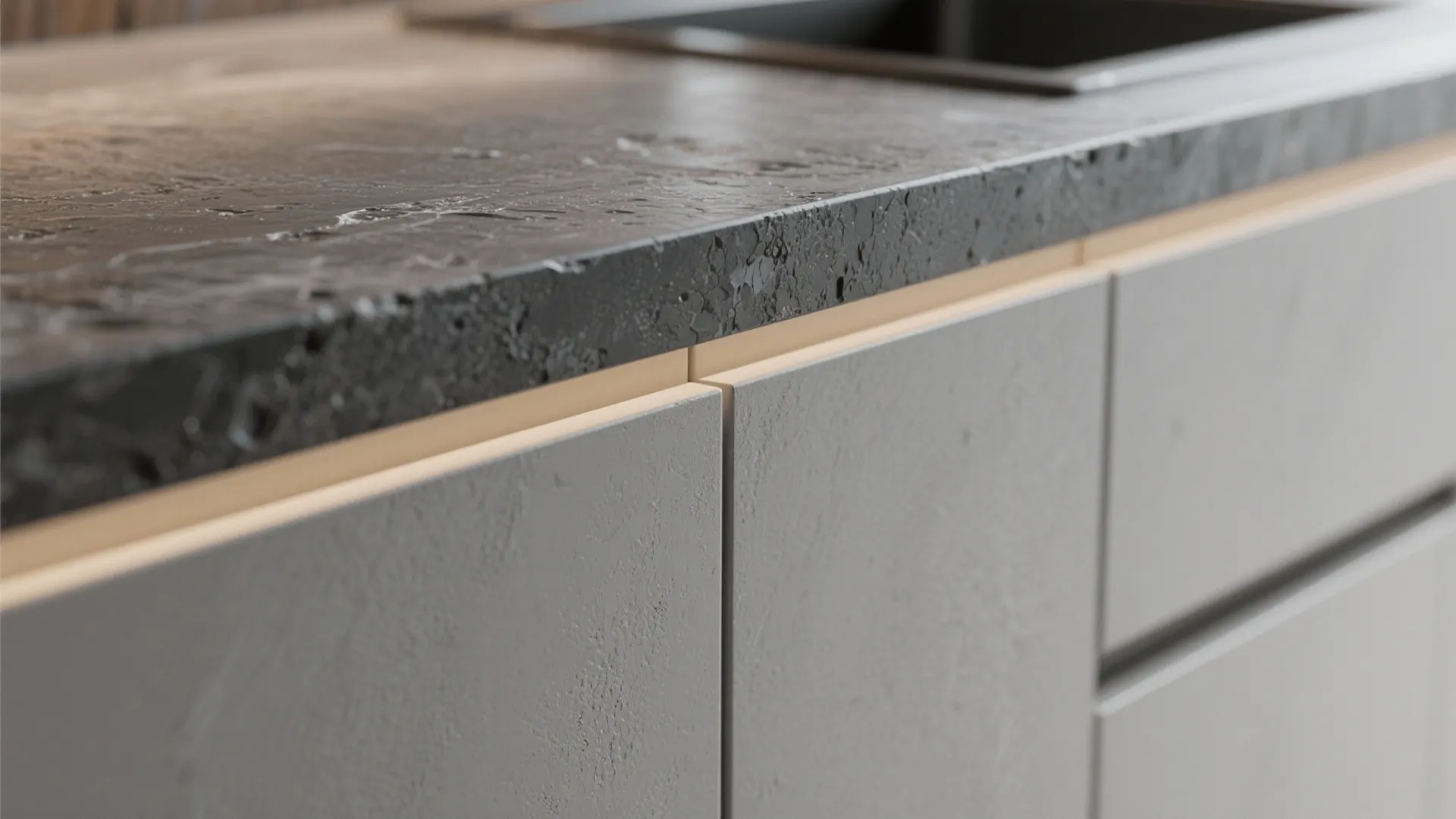 Close up of black stone kitchen counter and grey handleless cabinet doors with warm lighting