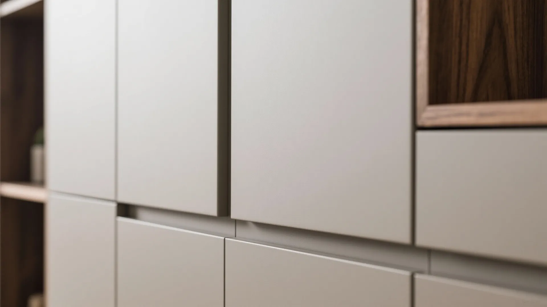 Close up of matte grey handleless kitchen cabinet doors with integrated pulls and warm wood