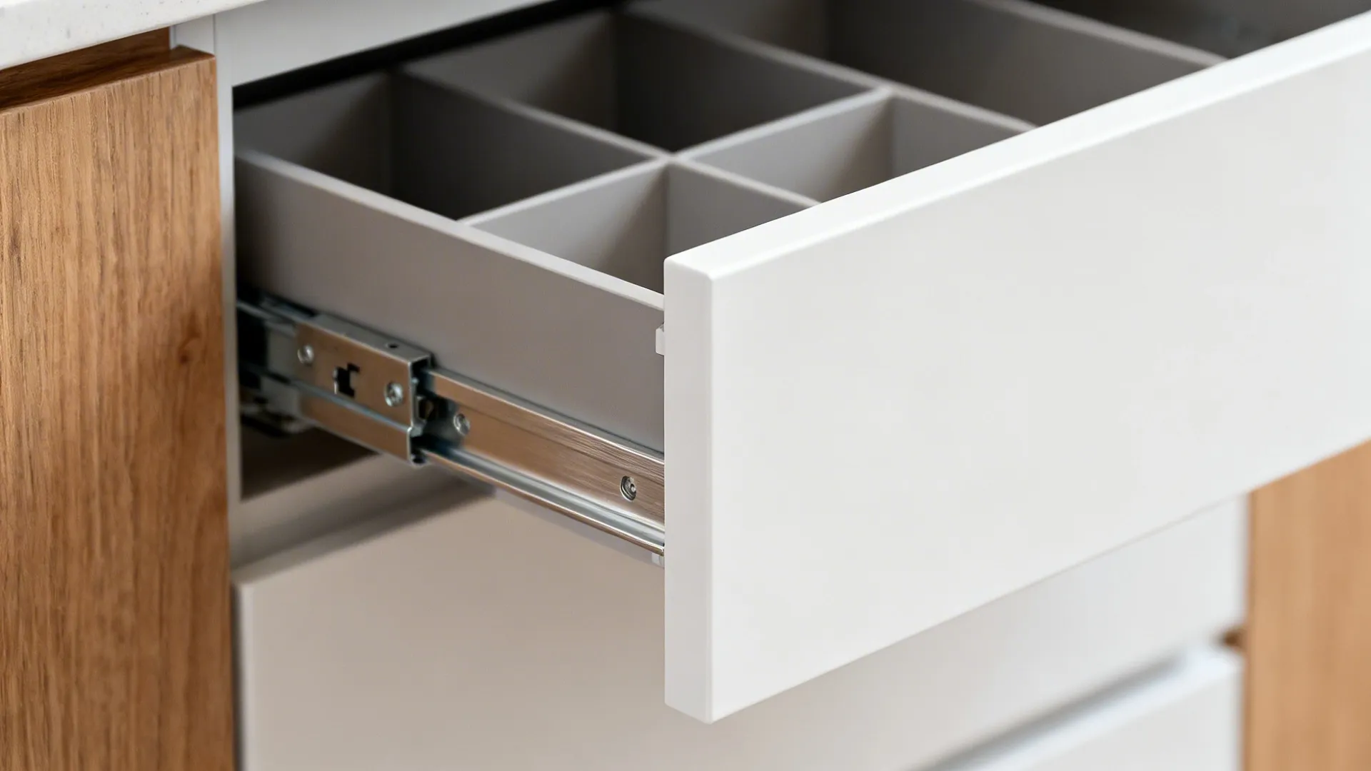 Macro of a handleless channel and soft-close drawer mechanism in a minimalist kitchen.