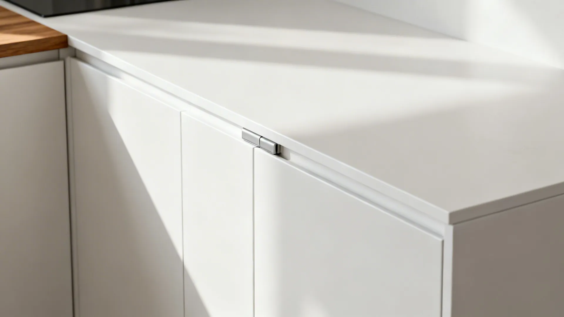 Macro view of handleless cabinet edge and soft-close hardware in a minimalist kitchen.