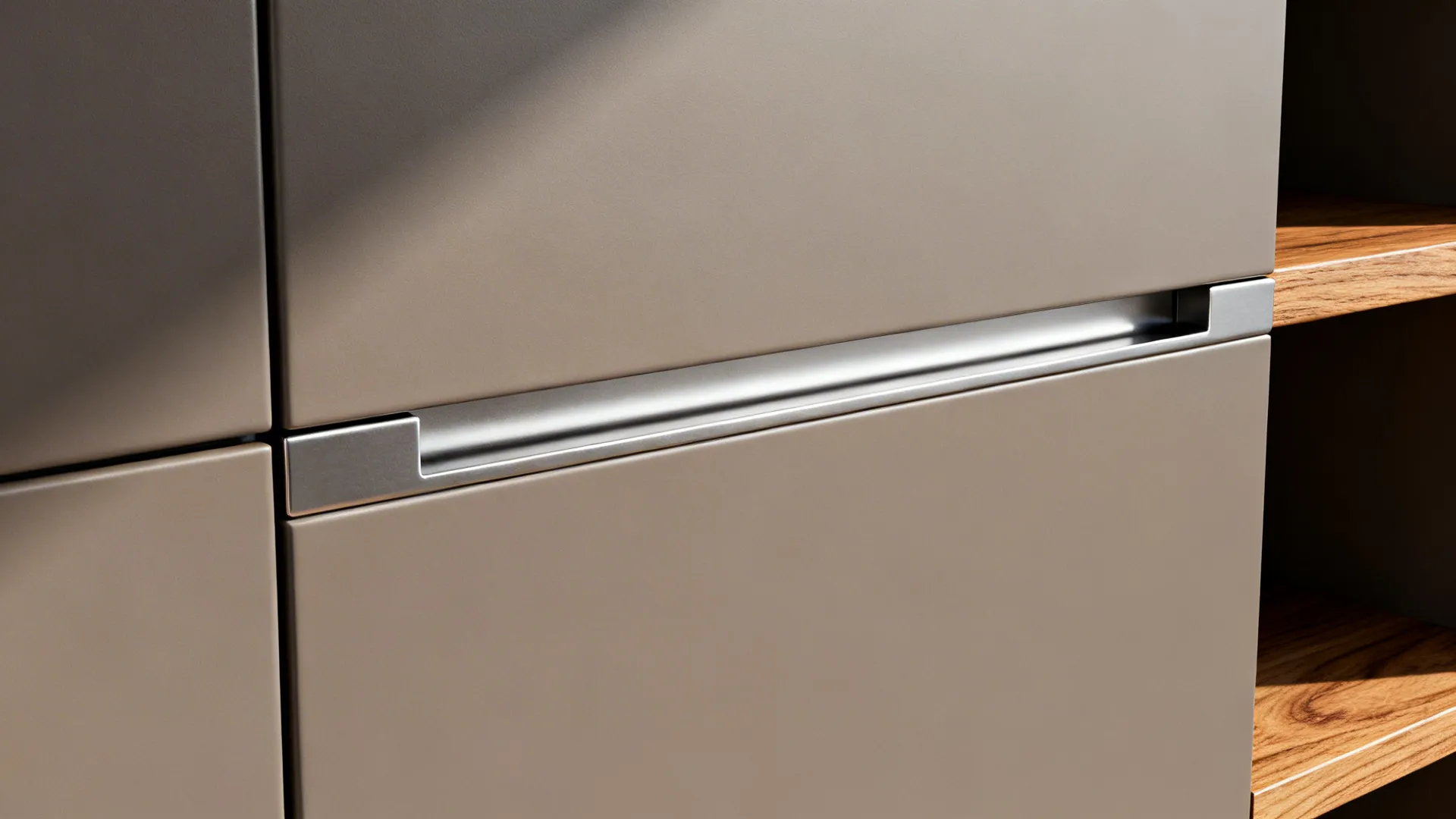 Macro detail of matte handleless cabinet channel with oak shelf edge in soft light.