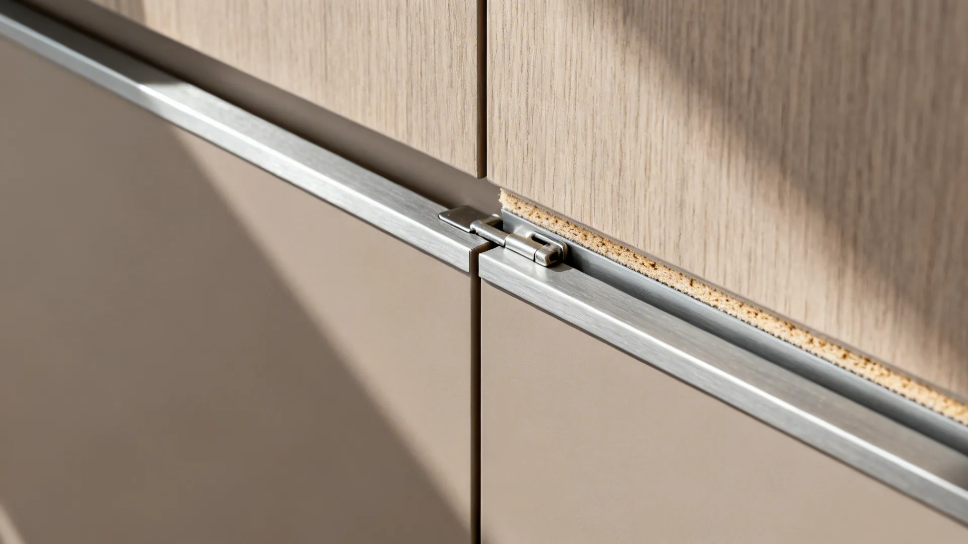Macro of matte laminate shutter and brushed aluminum handleless channel with soft-close hardware.
