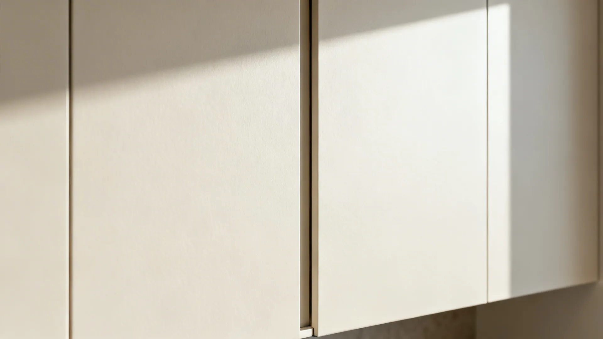 Macro view of a handleless finger pull detail on a tall off-white cabinet door.