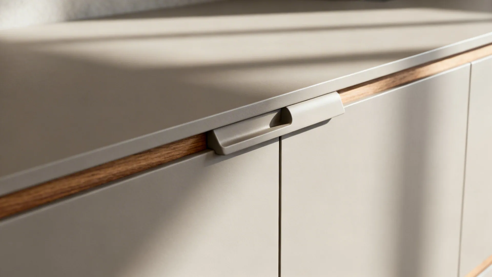 Macro view of a handleless cabinet finger-pull with precise alignment and matte finish.