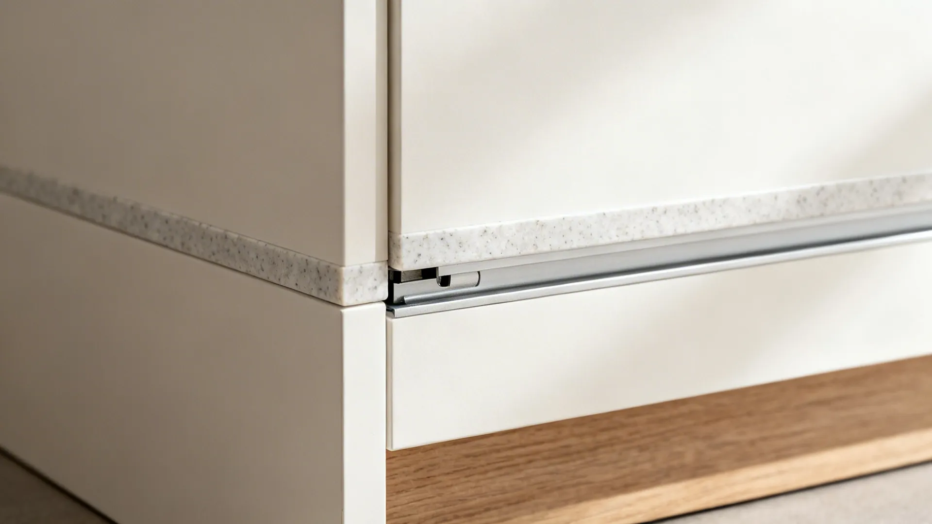 Macro detail of a handleless cabinet reveal and tip-on mechanism with precise alignment.
