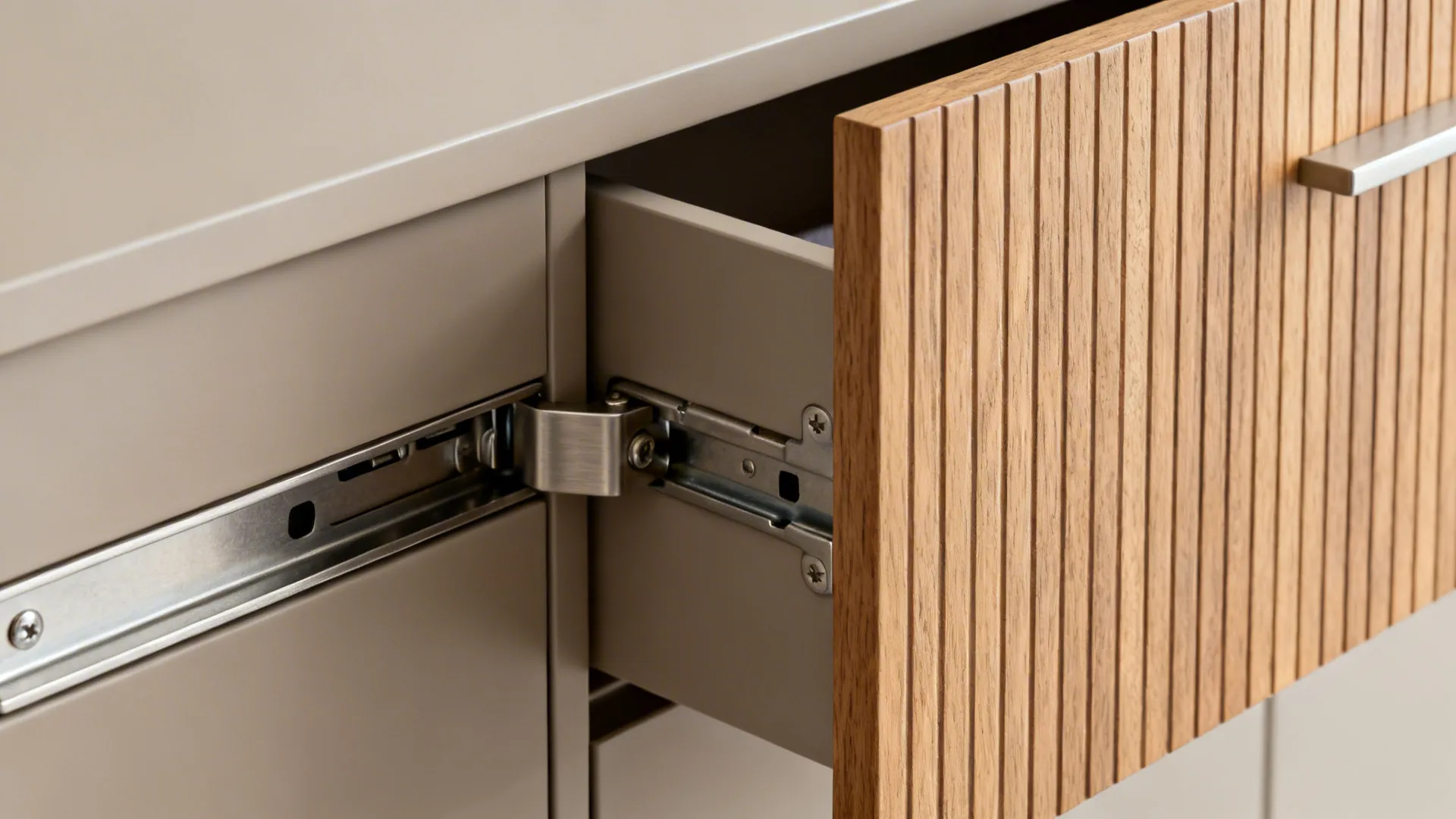Macro detail of a handleless cabinet channel and oak drawer with soft-close hardware.