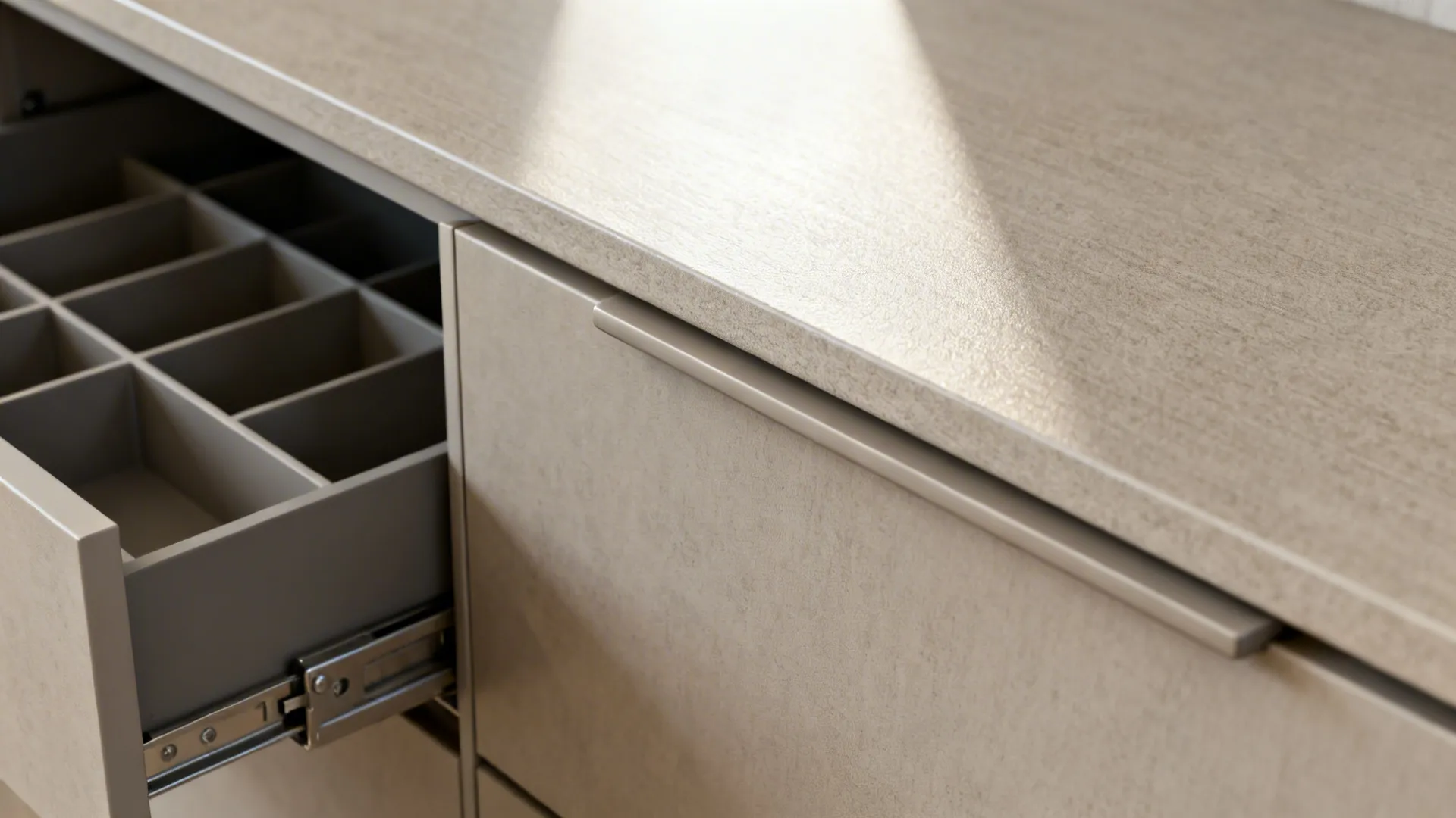 Close-up of beige kitchen cabinet with long handle and open drawer showing internal storage sections