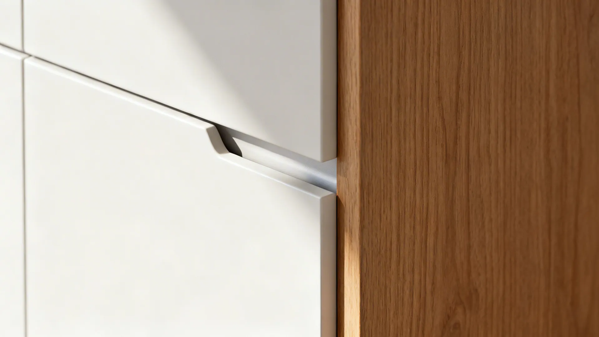 Macro detail of a handleless slab cabinet with concealed rail and matte white finish meeting warm oak.
