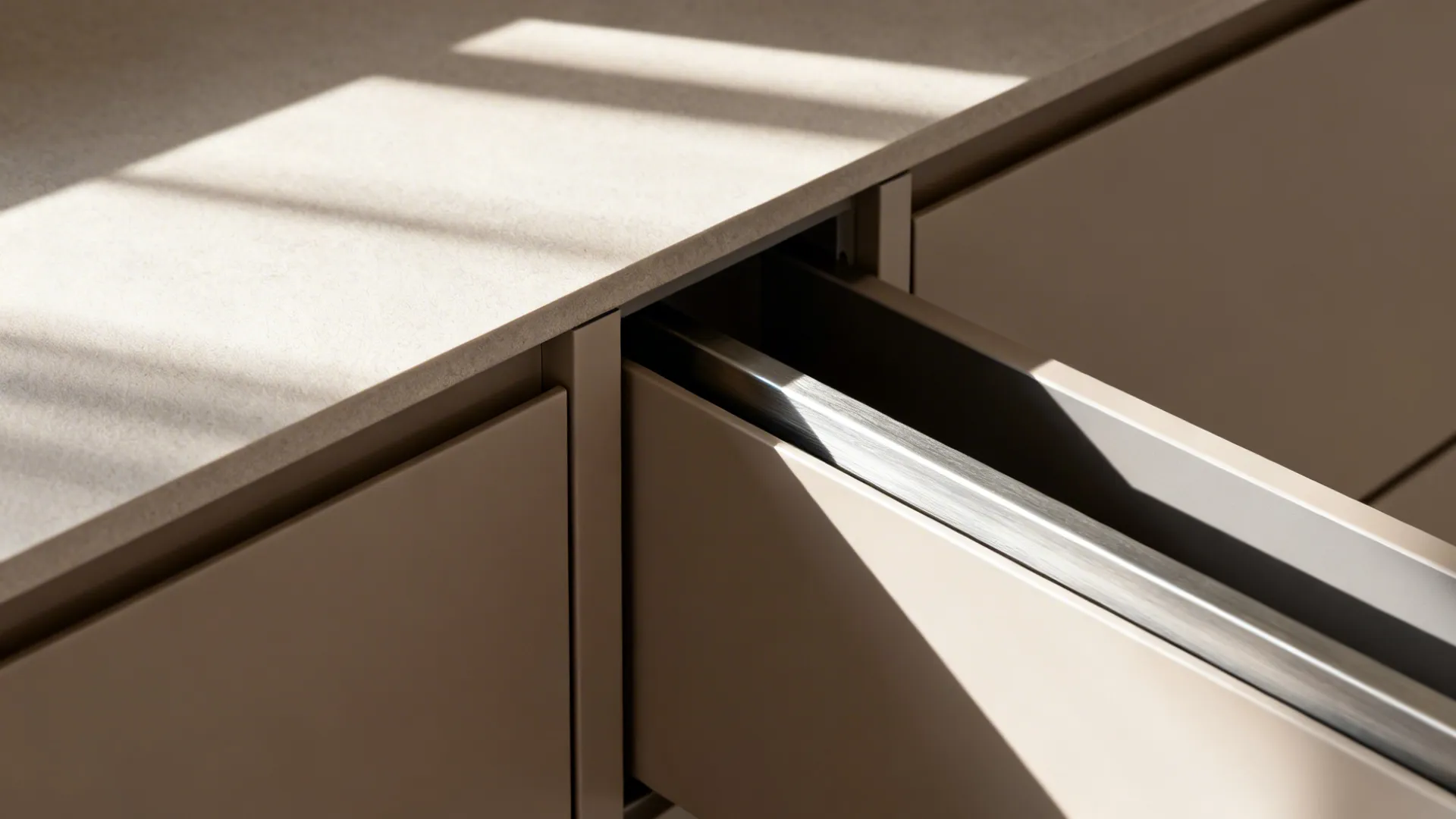 Macro of a matte handleless cabinet and slim pull-out in a corner kitchen.