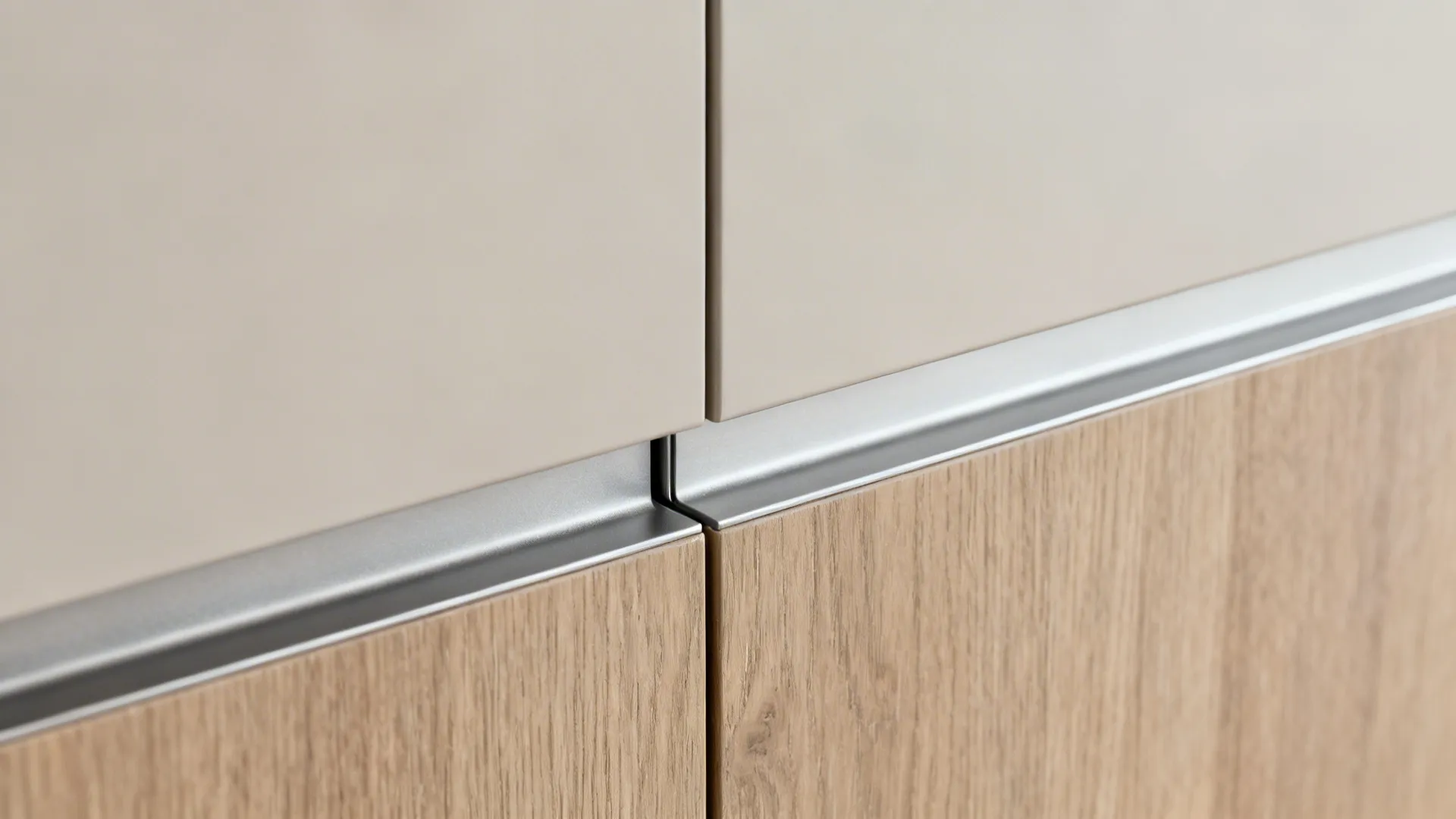 Macro of a handleless kitchen J-profile and matte cabinet door with precise shadow gap.
