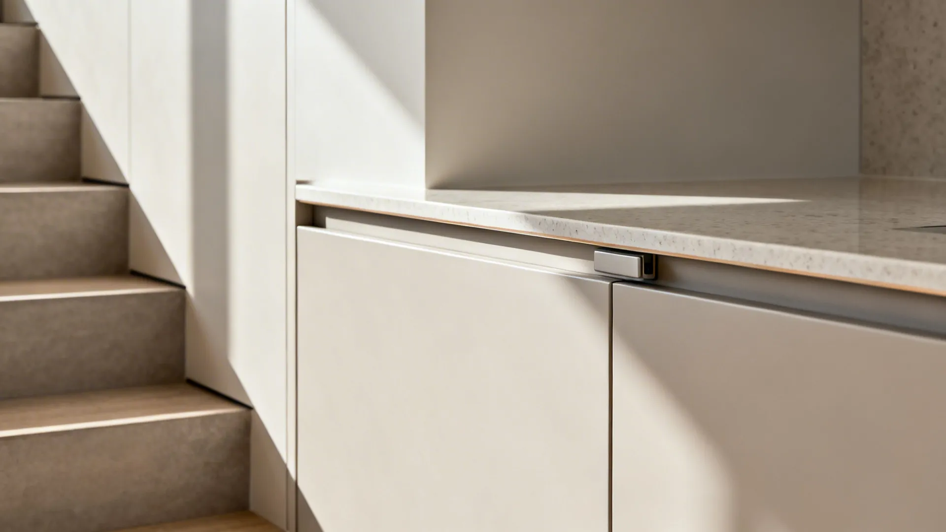 Macro of handleless cabinet rail and thin quartz edge under stair slope