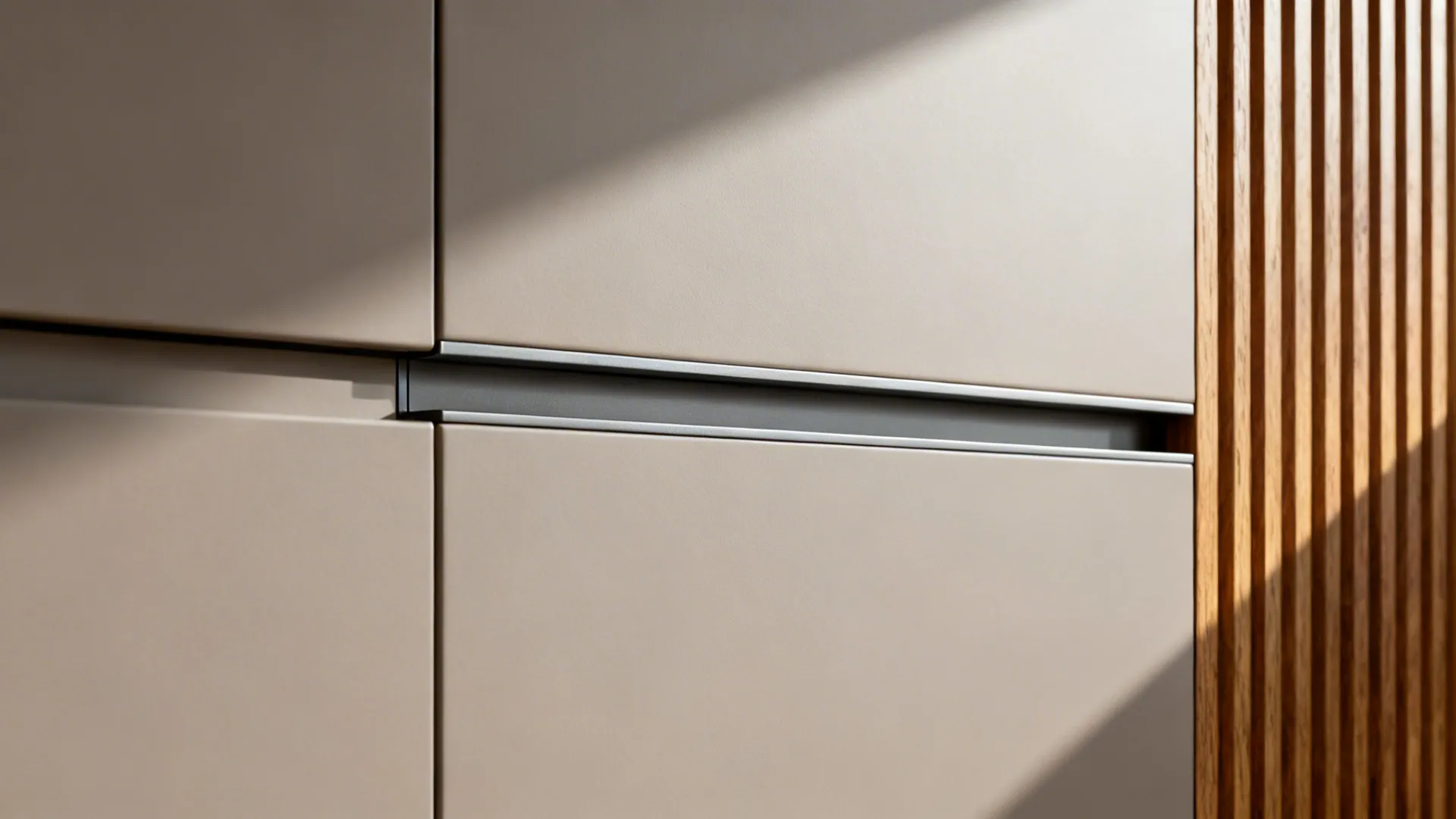 Macro of handleless cabinet channel and fluted wood accent in a matte finish.