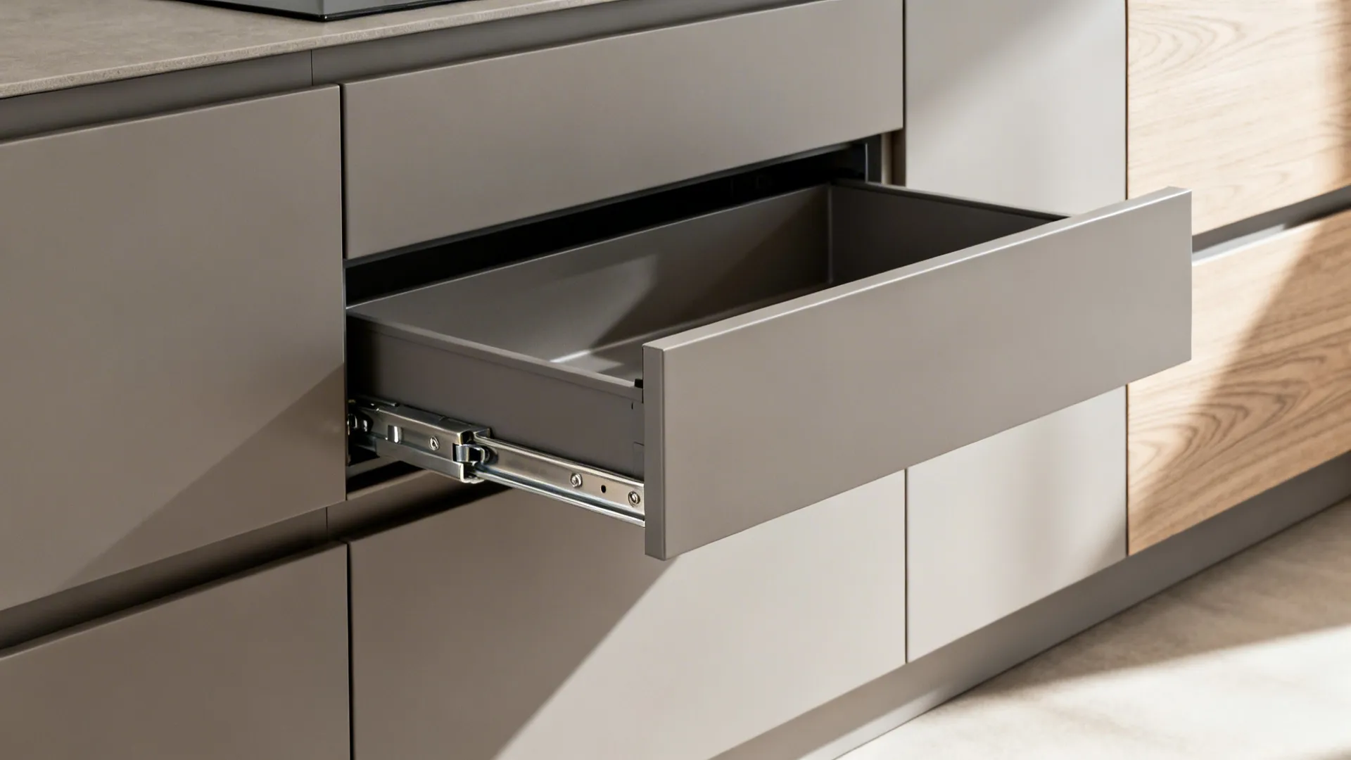 Macro detail of handleless matte cabinet with precision push-to-open hardware and soft-close rail.