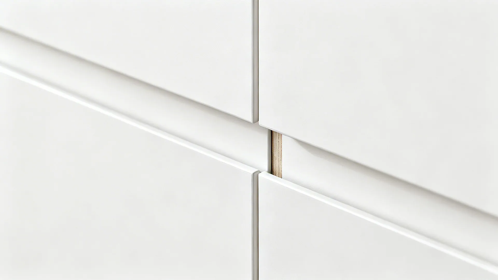 Macro of a matte white handleless cabinet door with a push-latch opening.