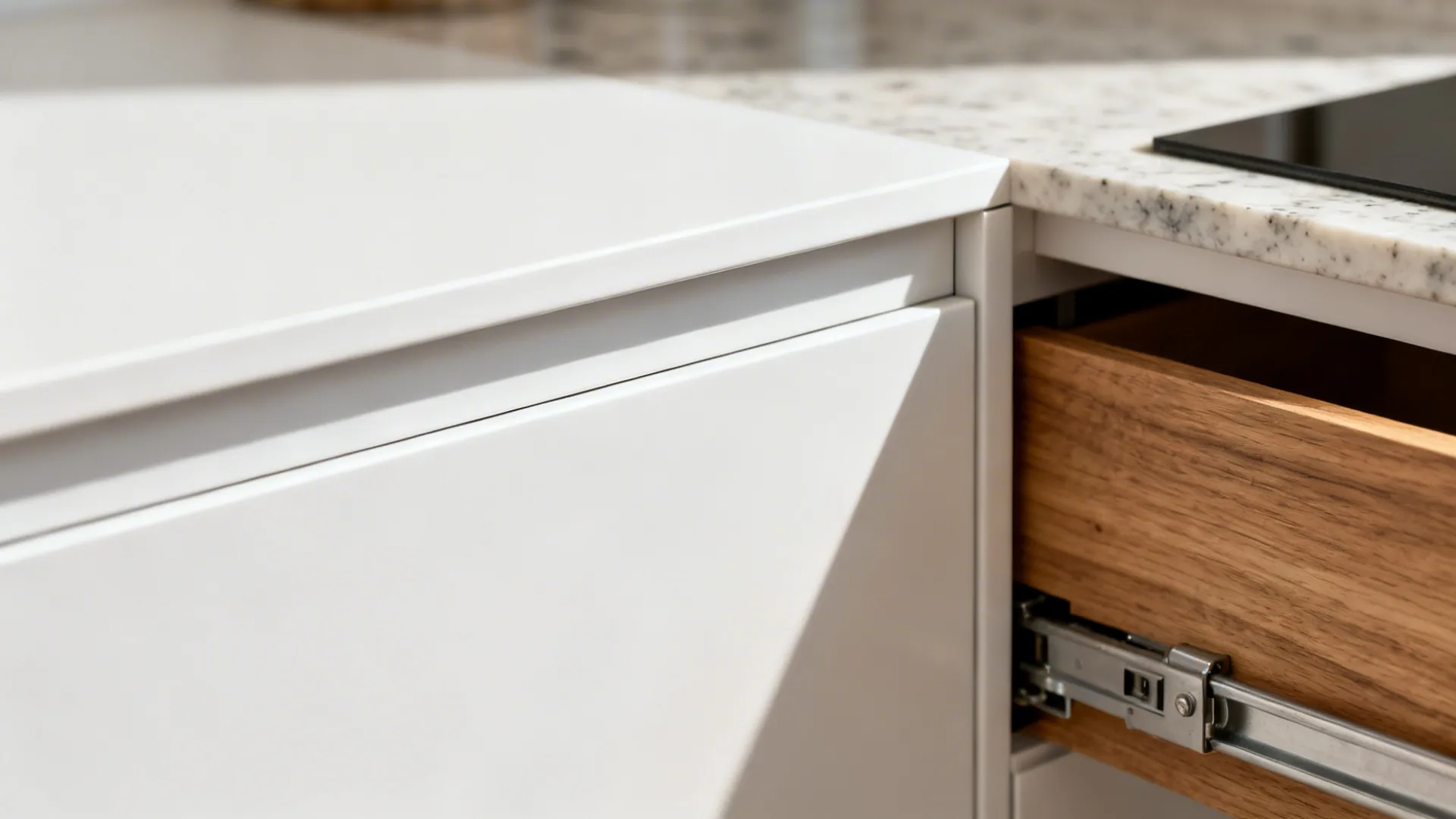 Macro of handleless cabinet rail and push-to-open detail with precise reveals.