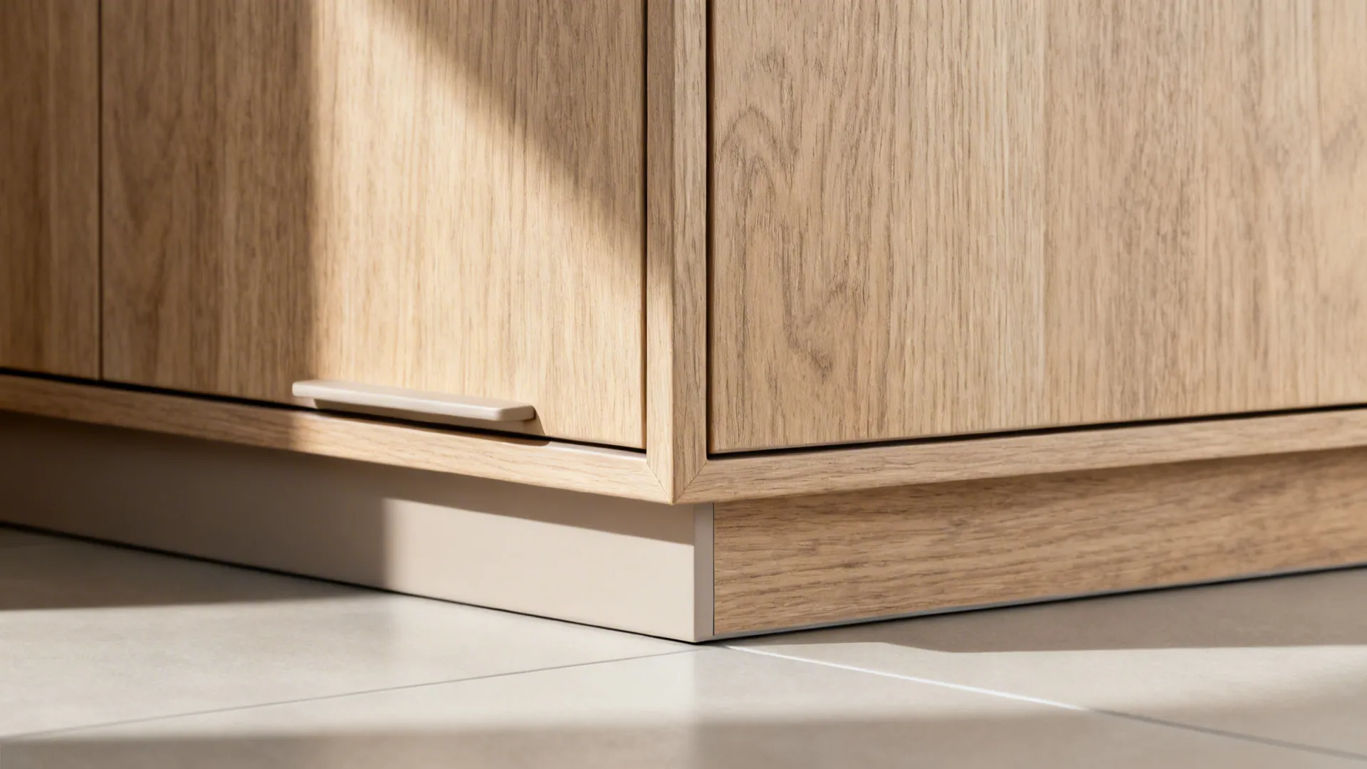 Macro of handleless oak veneer cabinet with ABS edge banding and toe-kick drawer line.