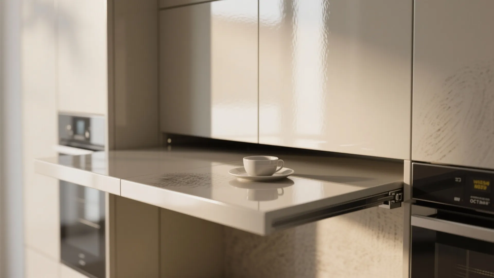 Modern kitchen with pull out table surface and coffee cup on a white gloss cabinet