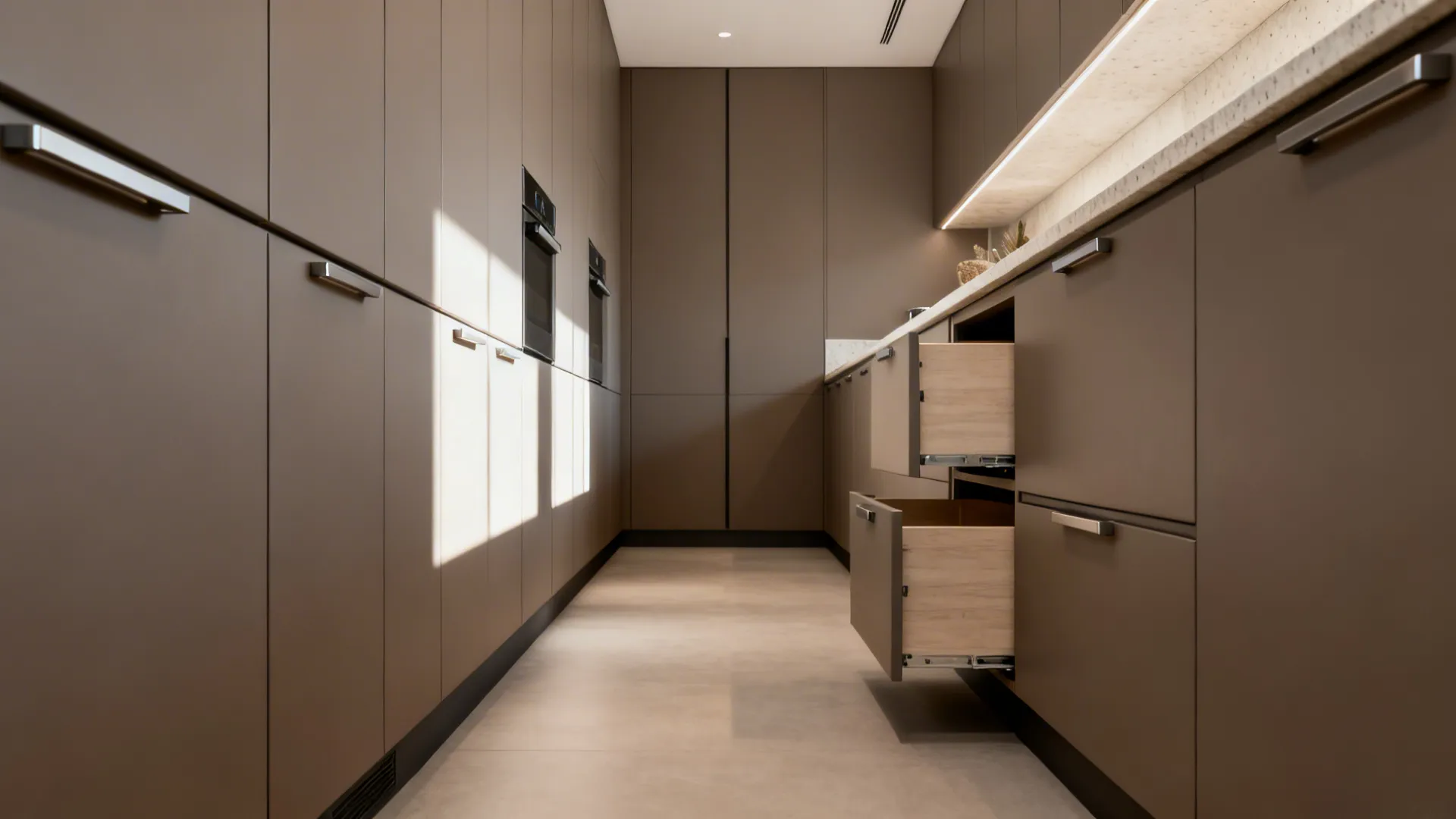 Handleless satin-matte cabinetry with integrated J-pulls visually widens a narrow galley kitchen.