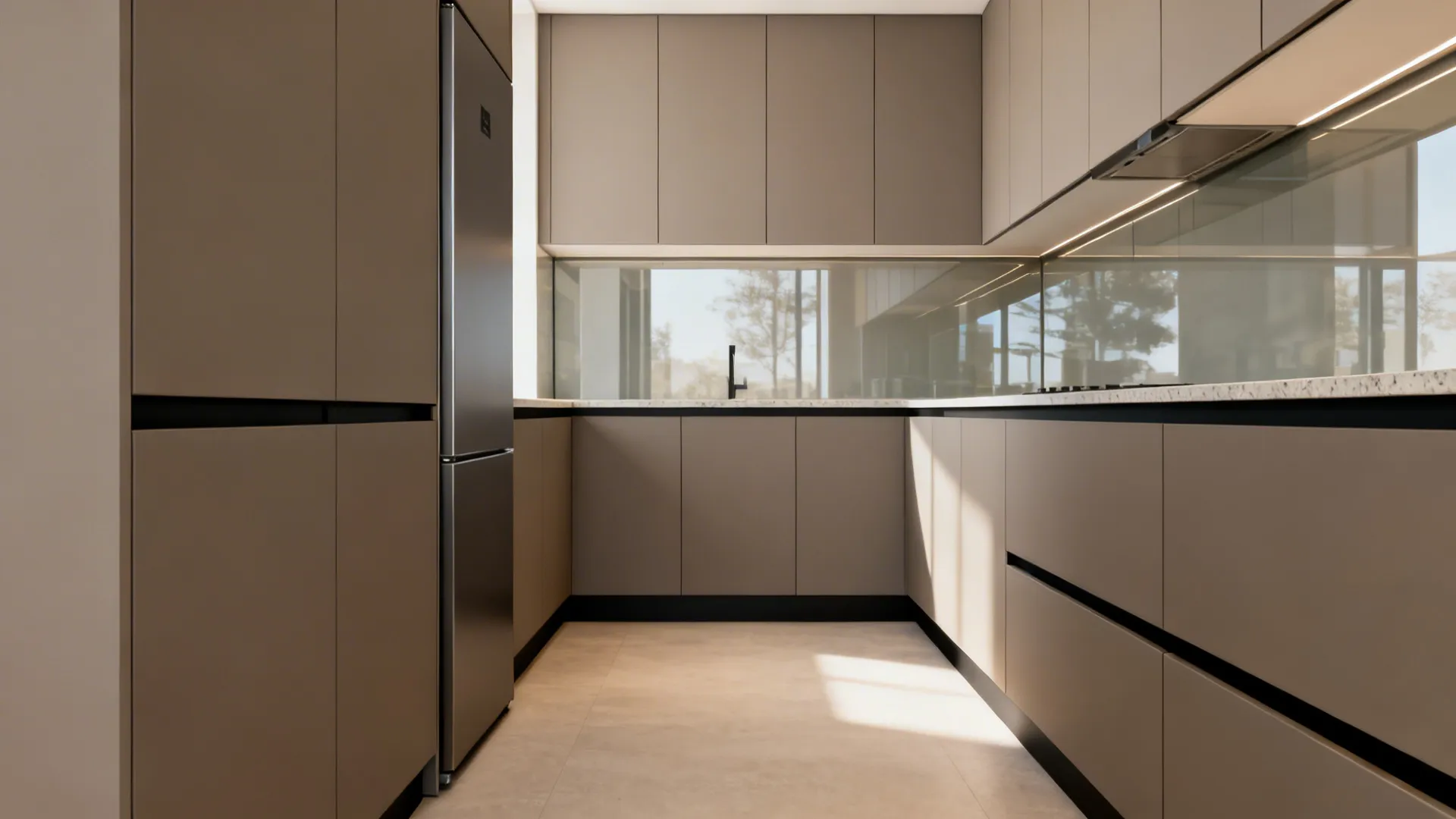 Narrow galley kitchen with handleless slab fronts and integrated fridge panels.