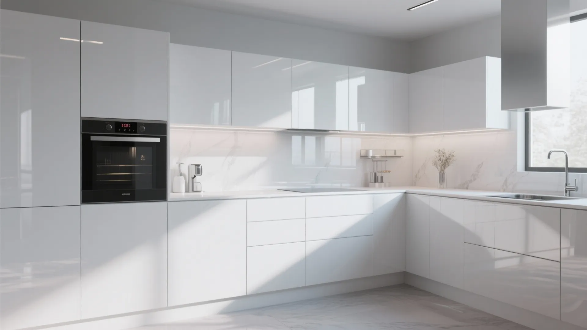 Modern white minimalist kitchen with gloss cabinets black built in oven and bright natural light