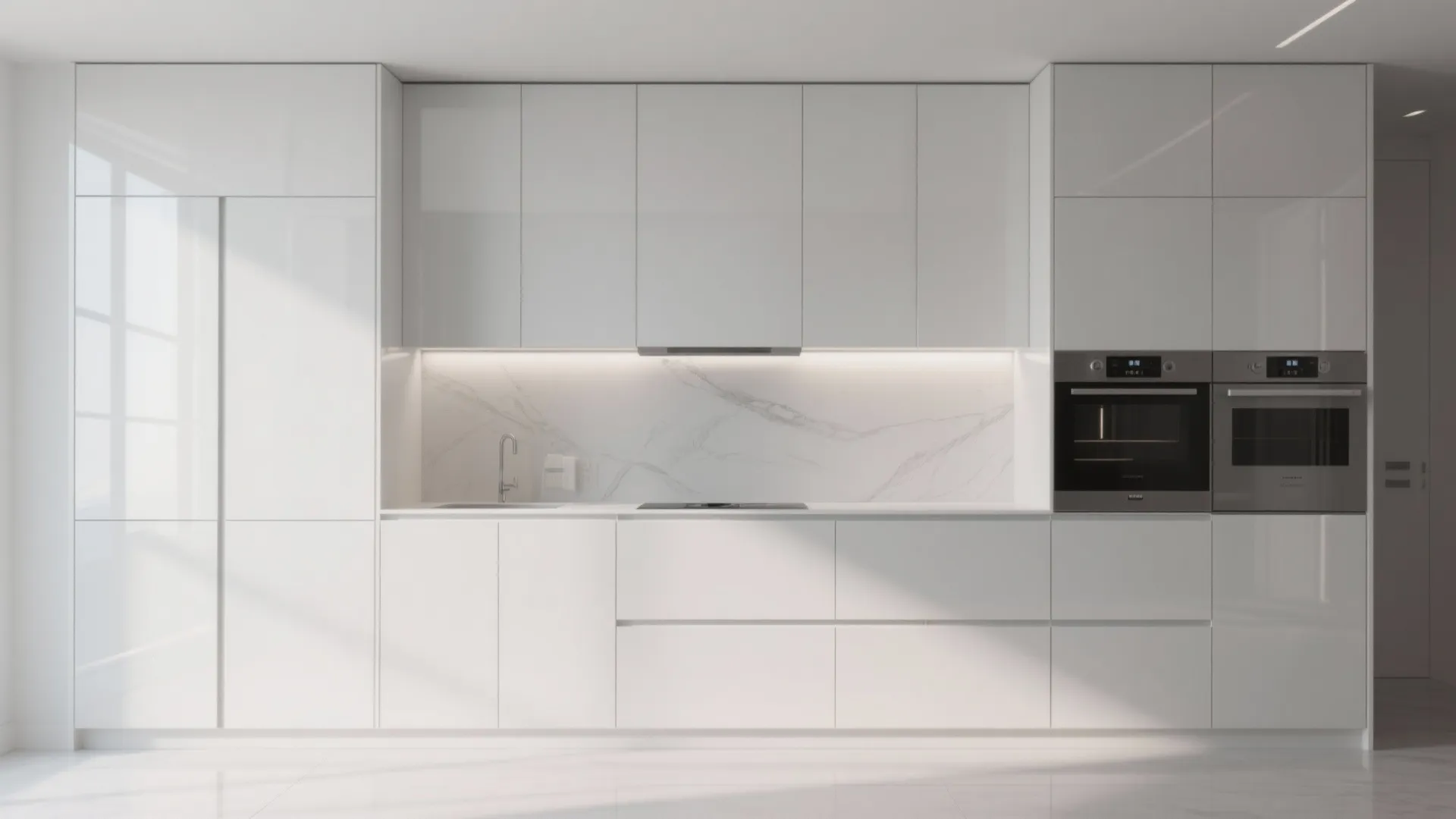 Modern white glossy kitchen with handleless cabinets marble backsplash built in oven and natural bright light