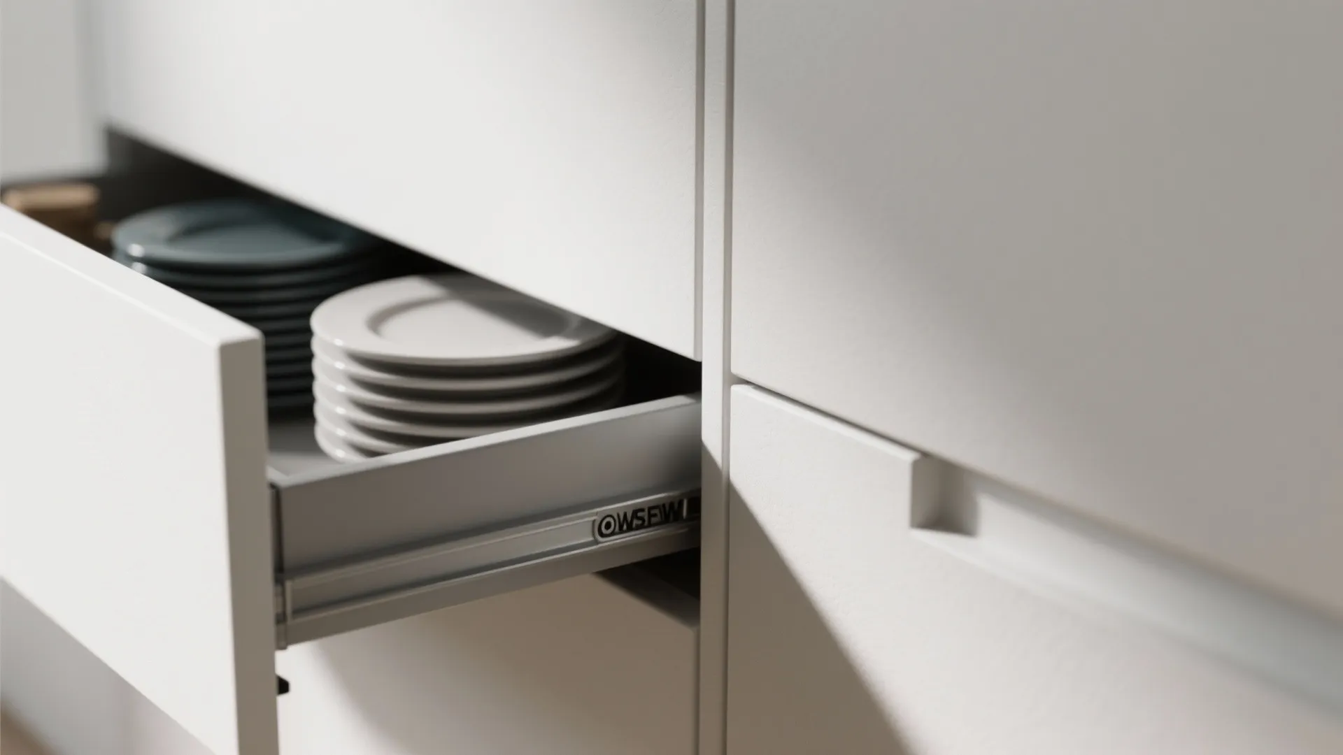 1. Handleless white base cabinets with integrated grooves
