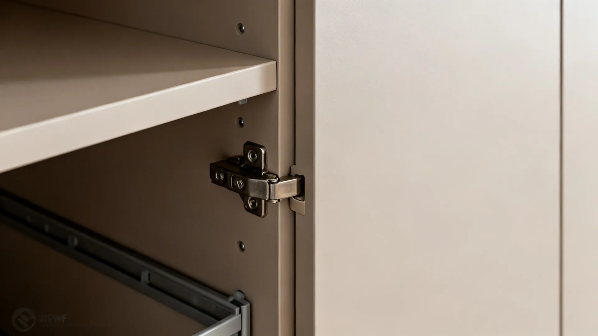 Macro of a handleless cabinet edge and concealed soft-close hinge in a tall pantry.