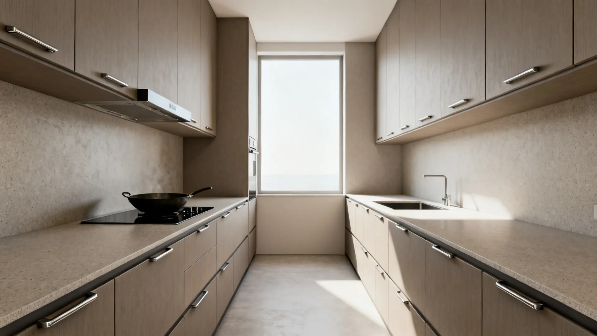 Handleless J-pull cabinets in a narrow galley kitchen with aligned reveals and matte finishes.