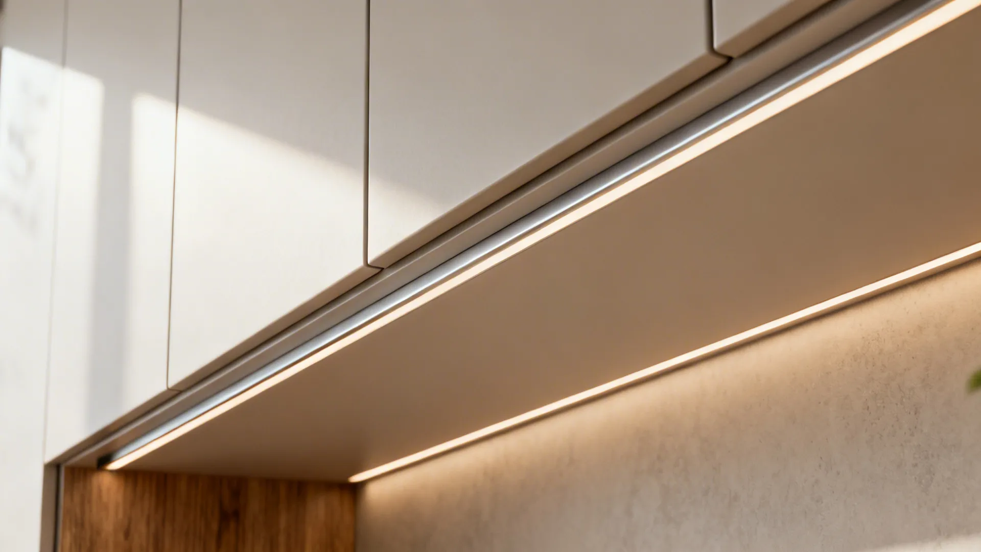 Close-up of a matte J-pull handleless cabinet edge with a recessed channel and warm LED strip.