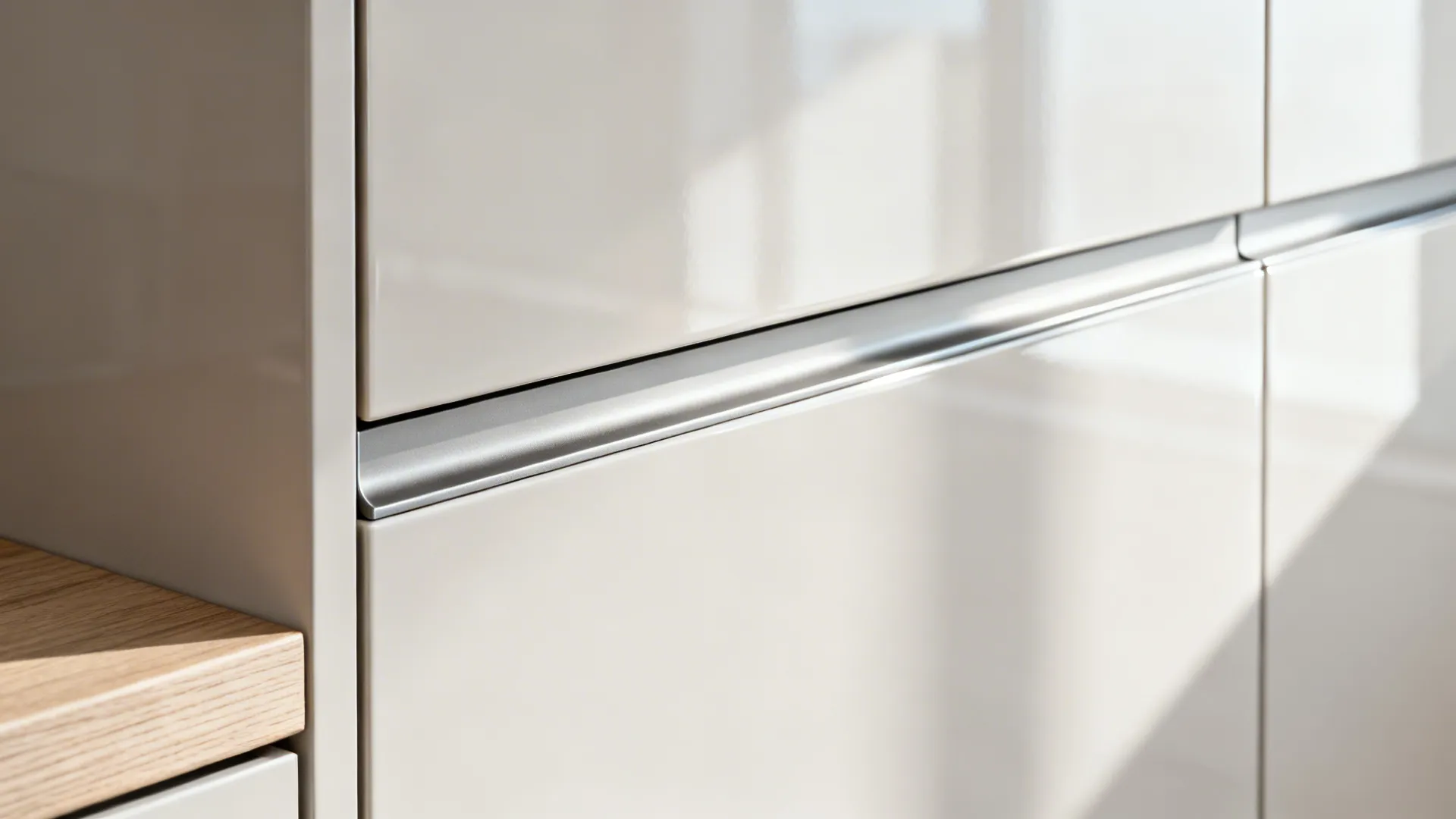 Macro view of a glossy cabinet door with a precise J-pull handleless profile and crisp shadow line.