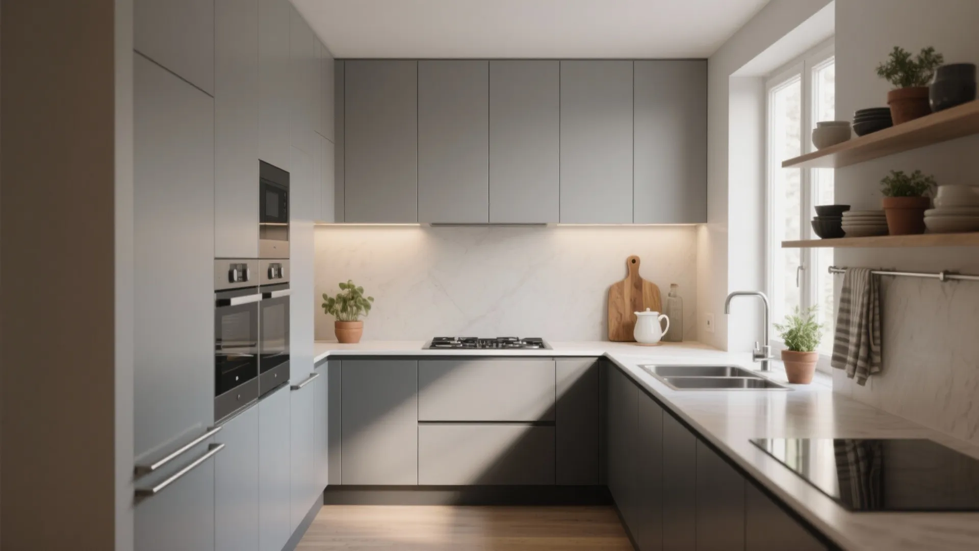 Modern grey kitchen with white marble countertop minimalist cabinets built in stove and natural light