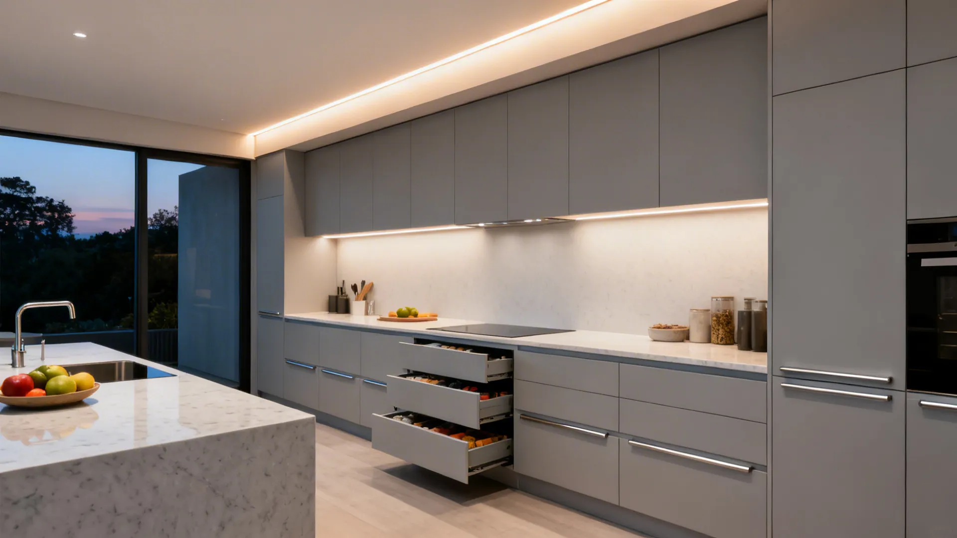Handleless matte acrylic kitchen with warm LED under-cabinet lighting.
