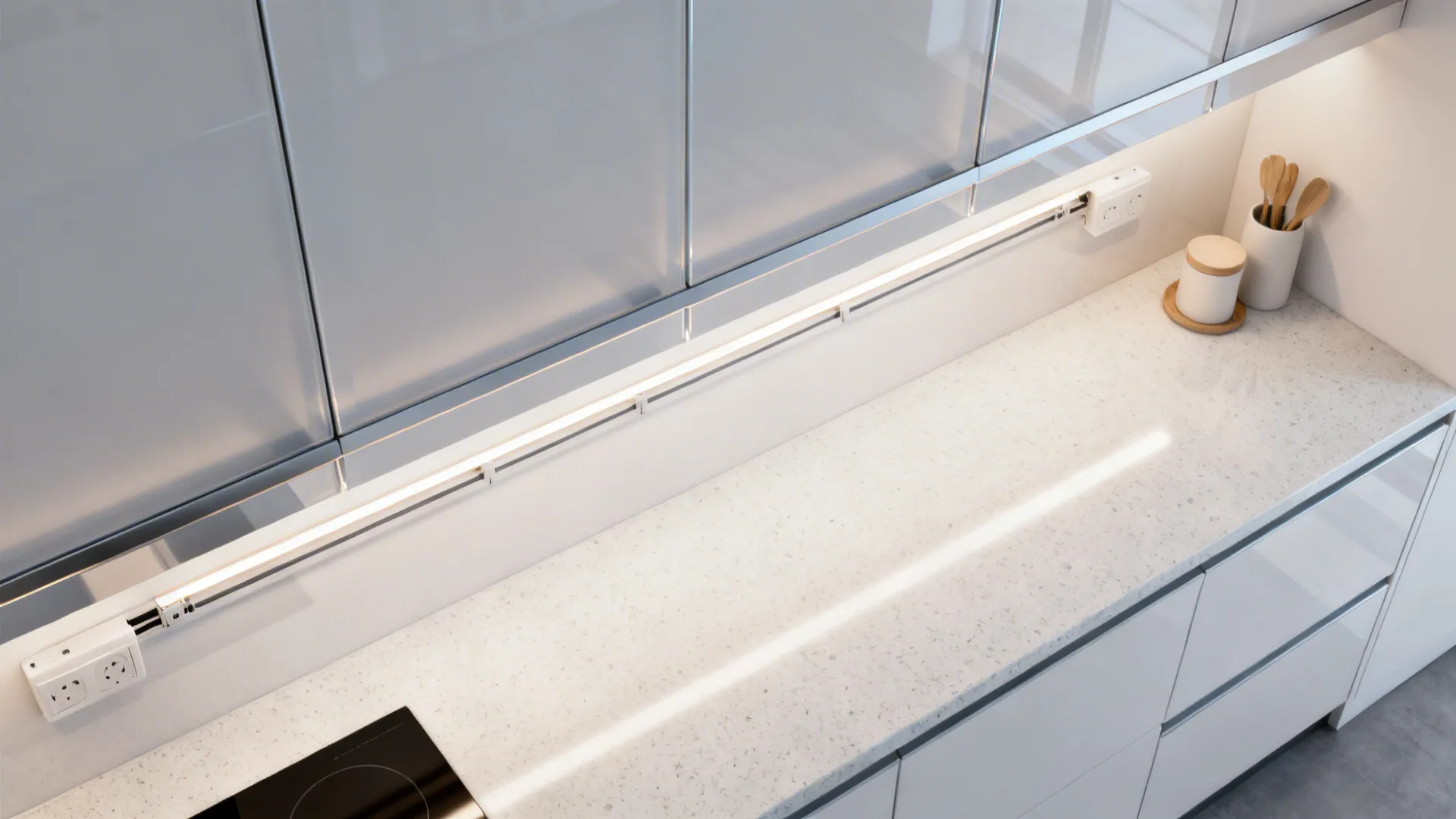 Top-down view of handleless acrylic doors with integrated under-cabinet LED lighting.
