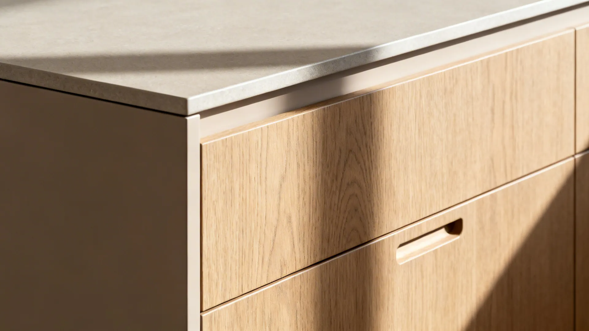 Close-up of a handleless rail and rift oak drawer front with soft matte finishes.