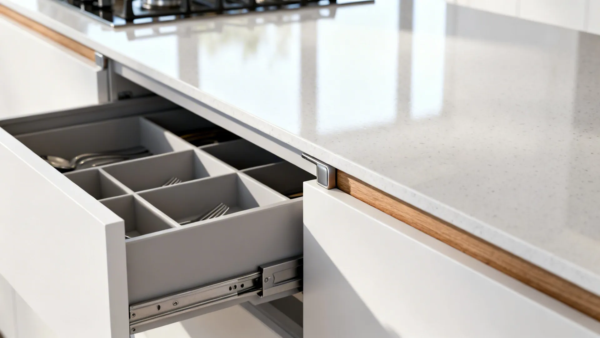 Macro of a handle-less cabinet and slim cutlery drawer with organized dividers in matte white.