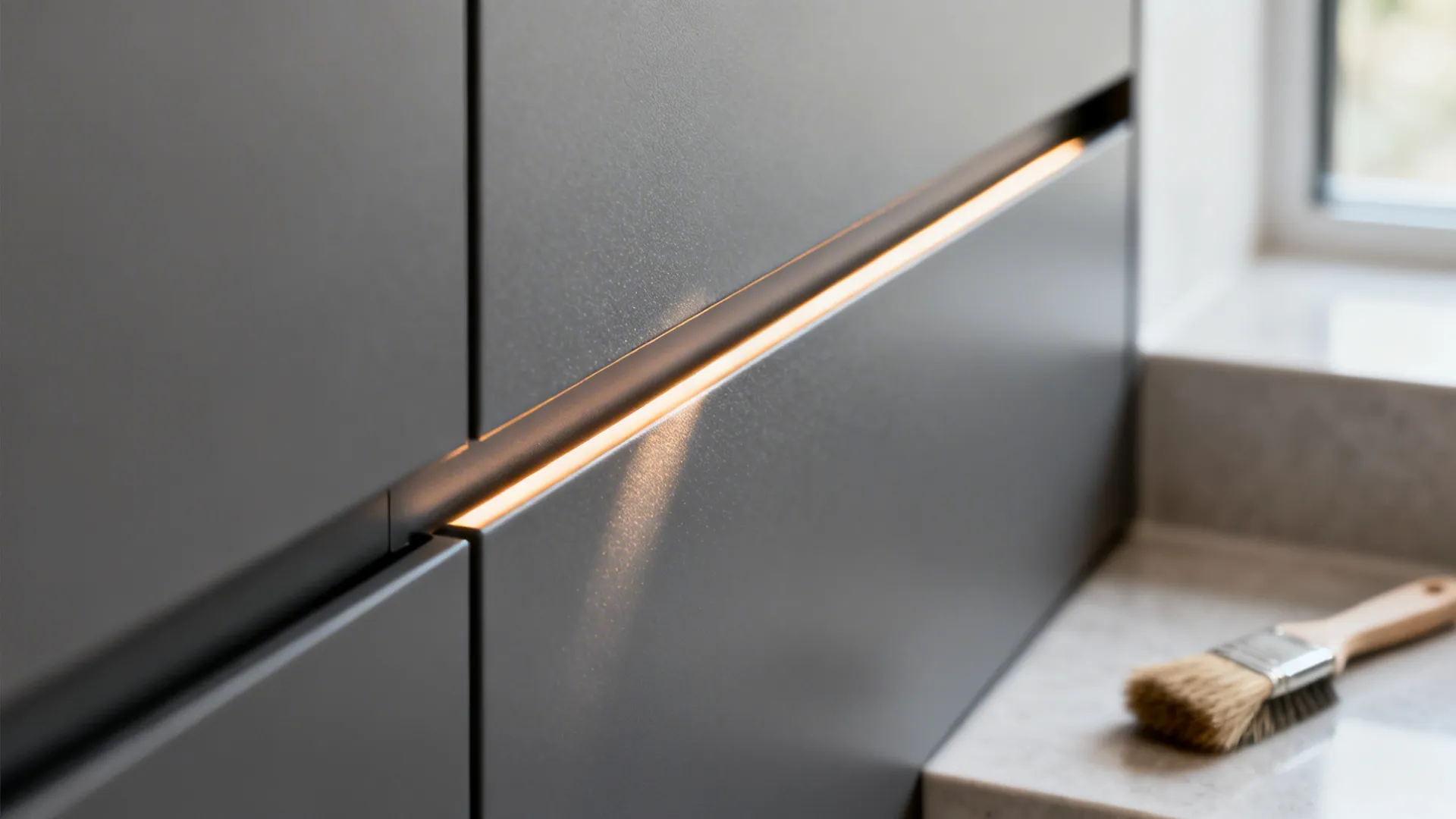 Macro of a handleless matte cabinet channel with anti-fingerprint finish in soft daylight.