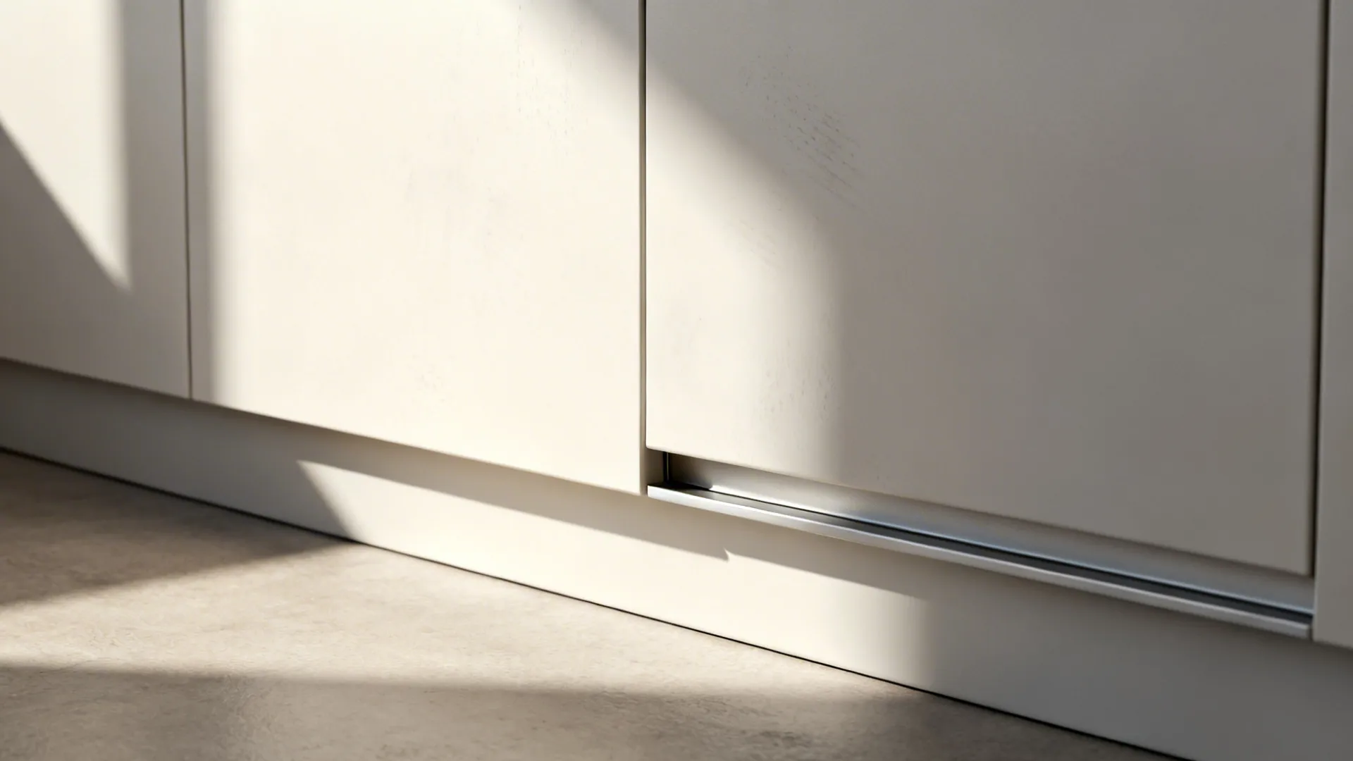 Close-up of matte handleless cabinet edge with integrated pull and clean toe-kick line.