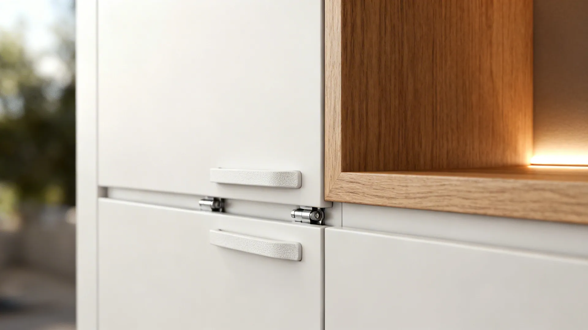 Macro of a matte white handleless cabinet with soft-close hinge and warm oak edge nearby.