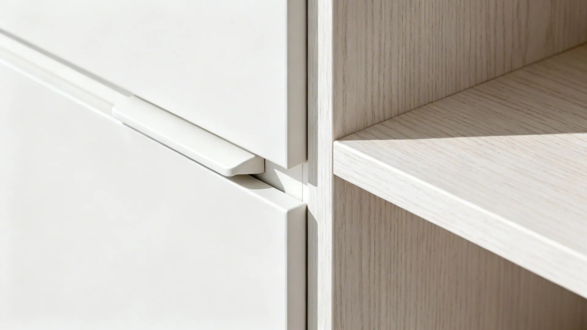 Macro of matte white handleless cabinet with integrated pull beside a white-oak shelf in soft daylight.