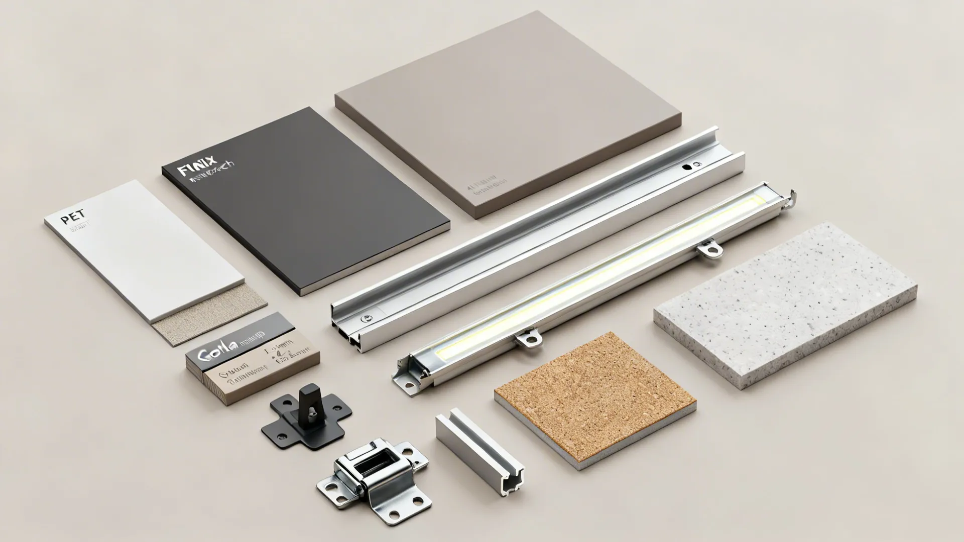 Flat lay of matte finishes, aluminum rail, edge banding, hardware, and quartz for a handleless kitchen.