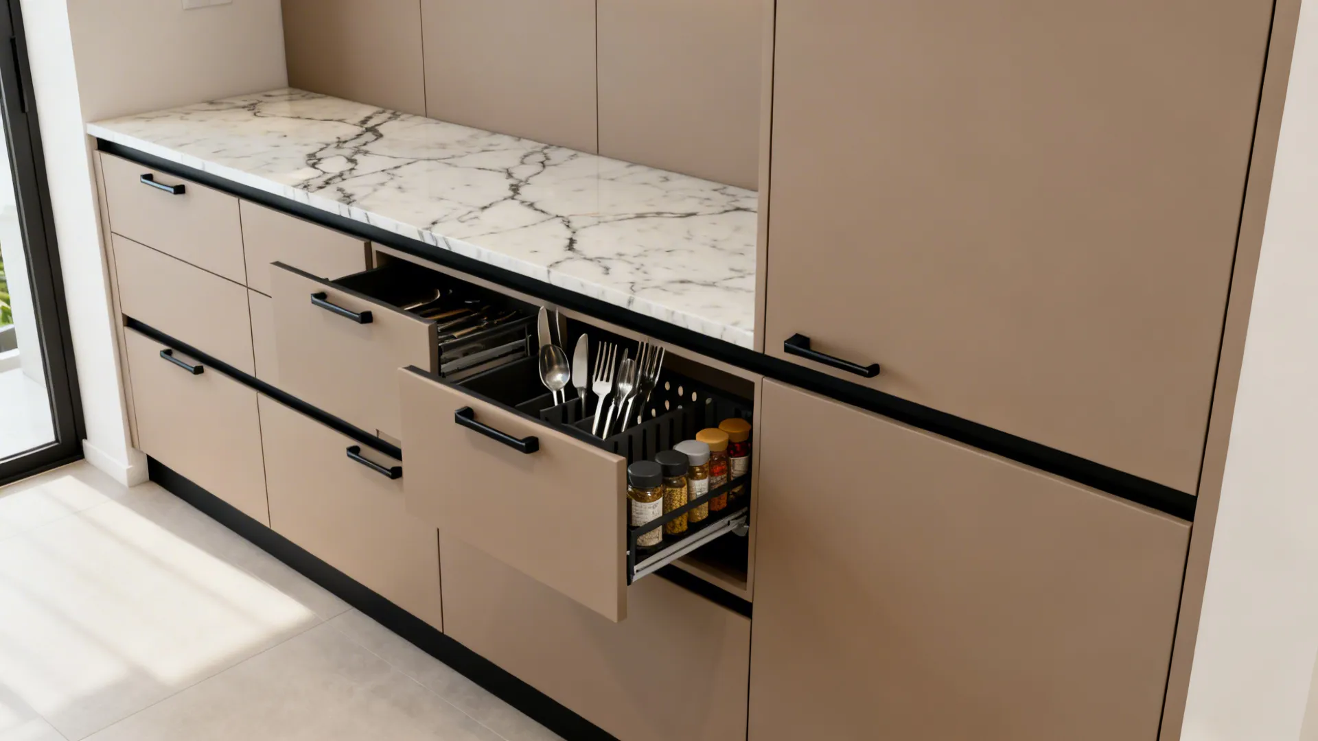 Handleless kitchen with J-pull drawers, push-latch uppers, and neatly organized pull-outs.