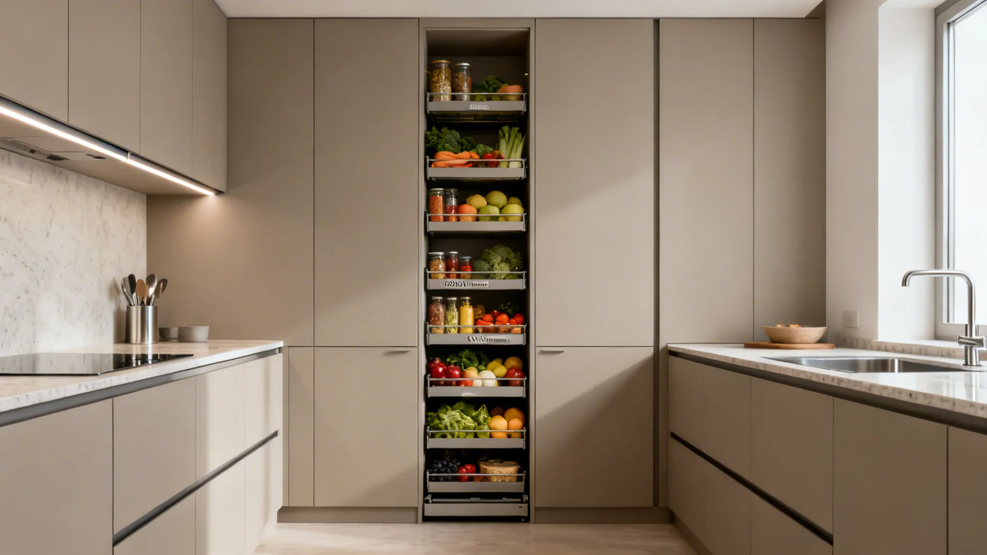 Handleless mica with tall pantry and pull-outs