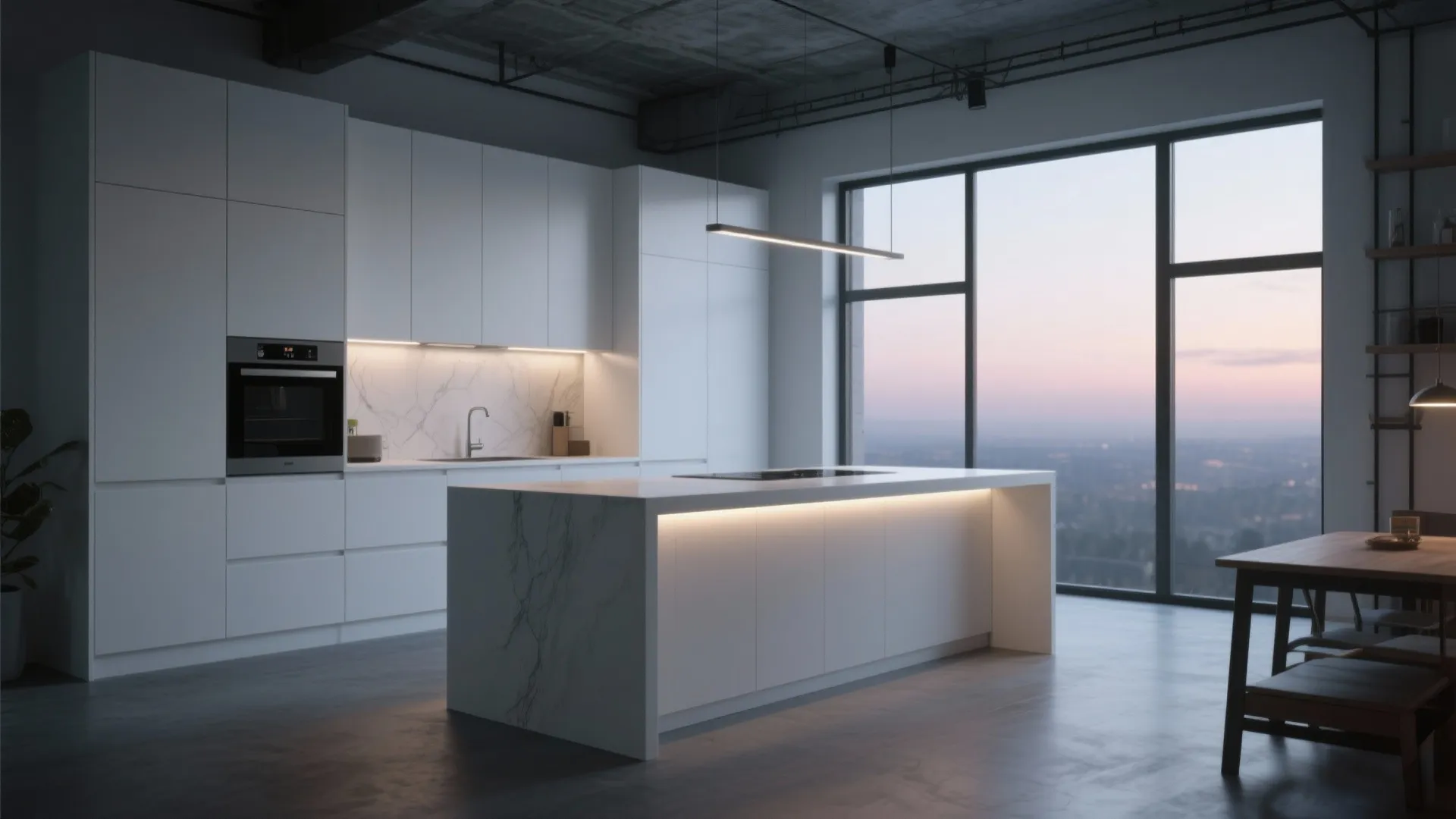 Loft kitchen with integrated handleless cabinets and push-to-open hardware for uninterrupted surfaces