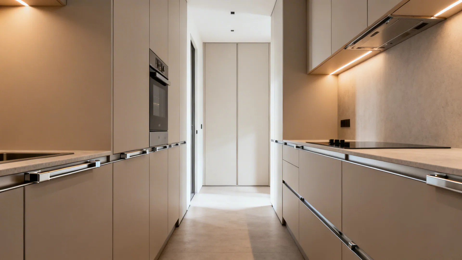 Slim corridor kitchen with handleless PVC cabinets using sleek aluminum rails.