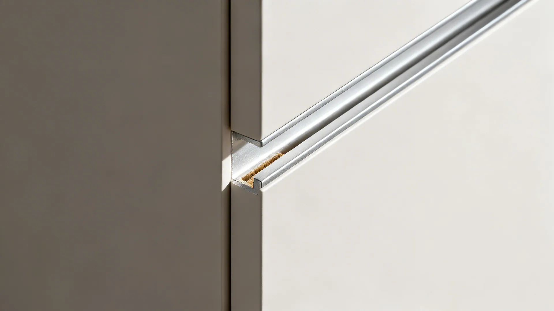Macro of J-pull PVC door and aluminum Gola rail with beveled inner lip.