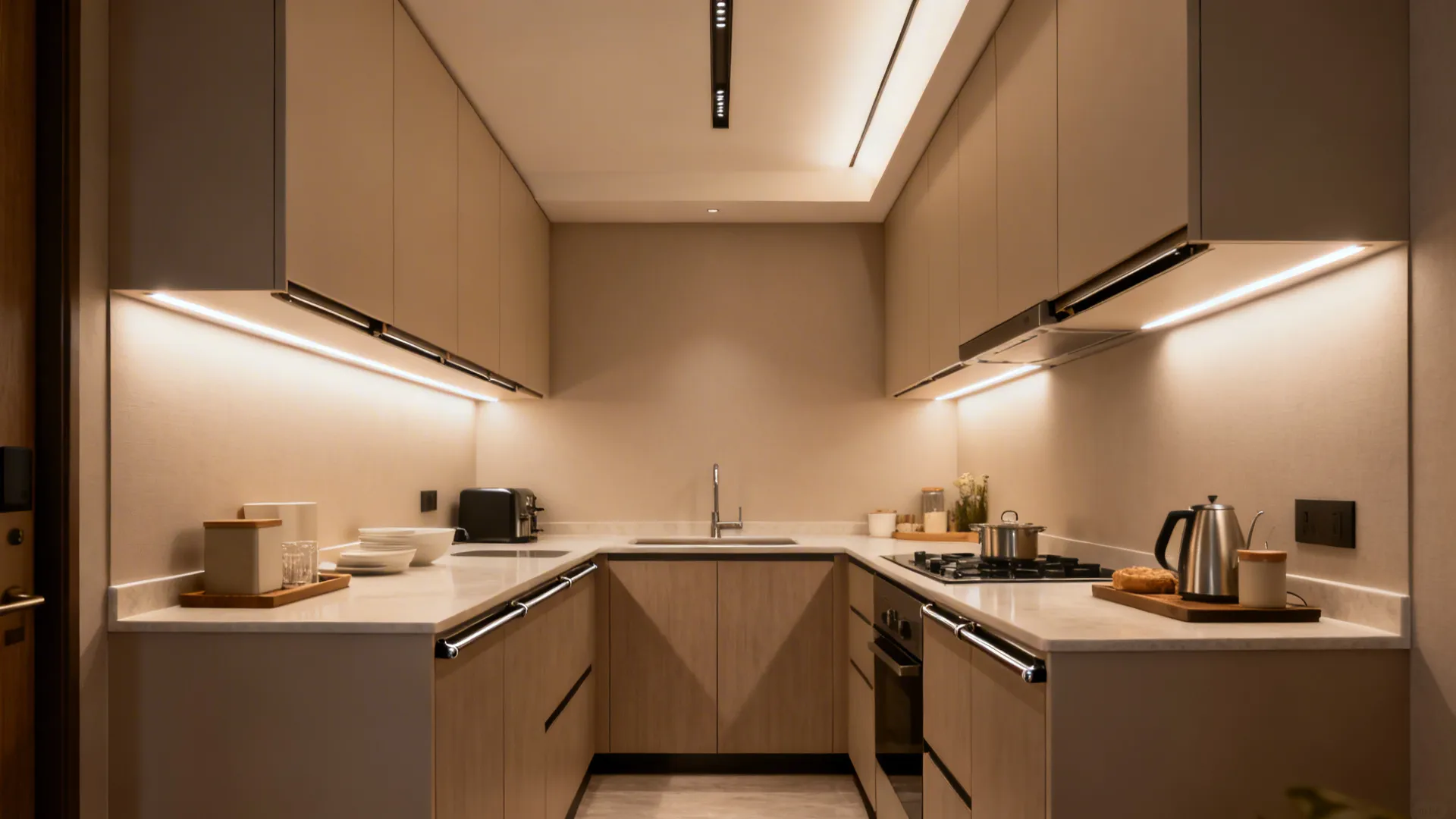 Handleless kitchen with finger-rail cabinets and warm under-cabinet LED task lighting.