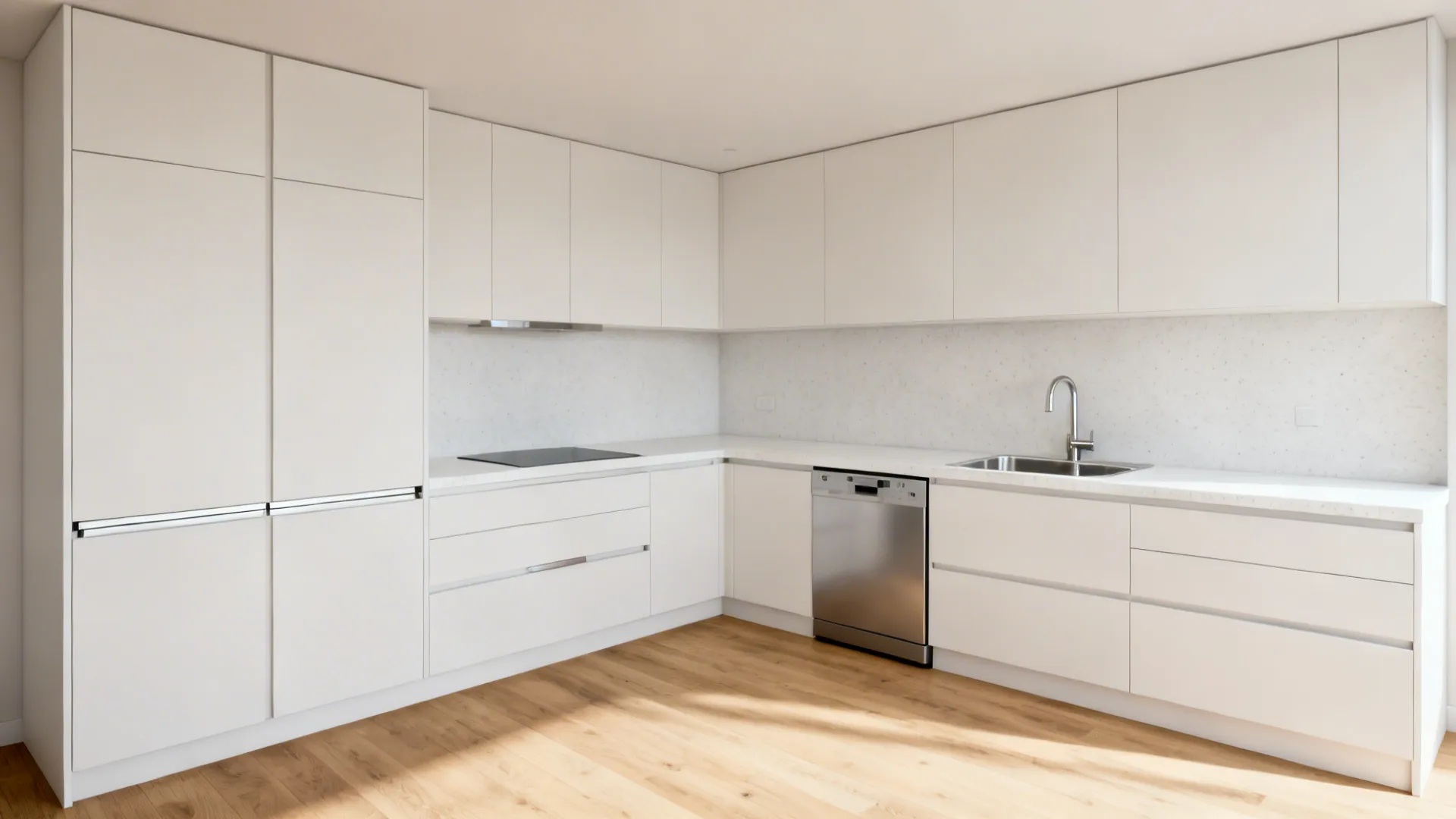 Handleless matte white U-shaped kitchen with full-height pantry pull-outs and deep drawers.