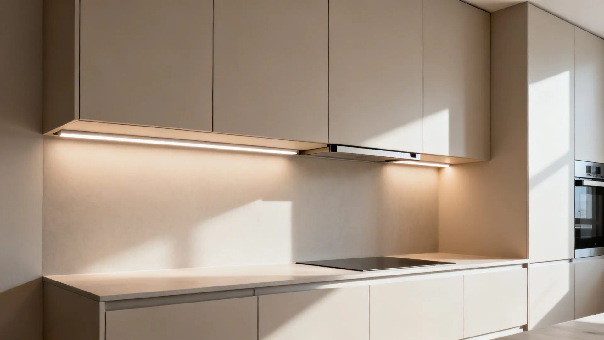 Handleless matte slab upper cabinets with even under-cabinet LED lighting in a small kitchen.