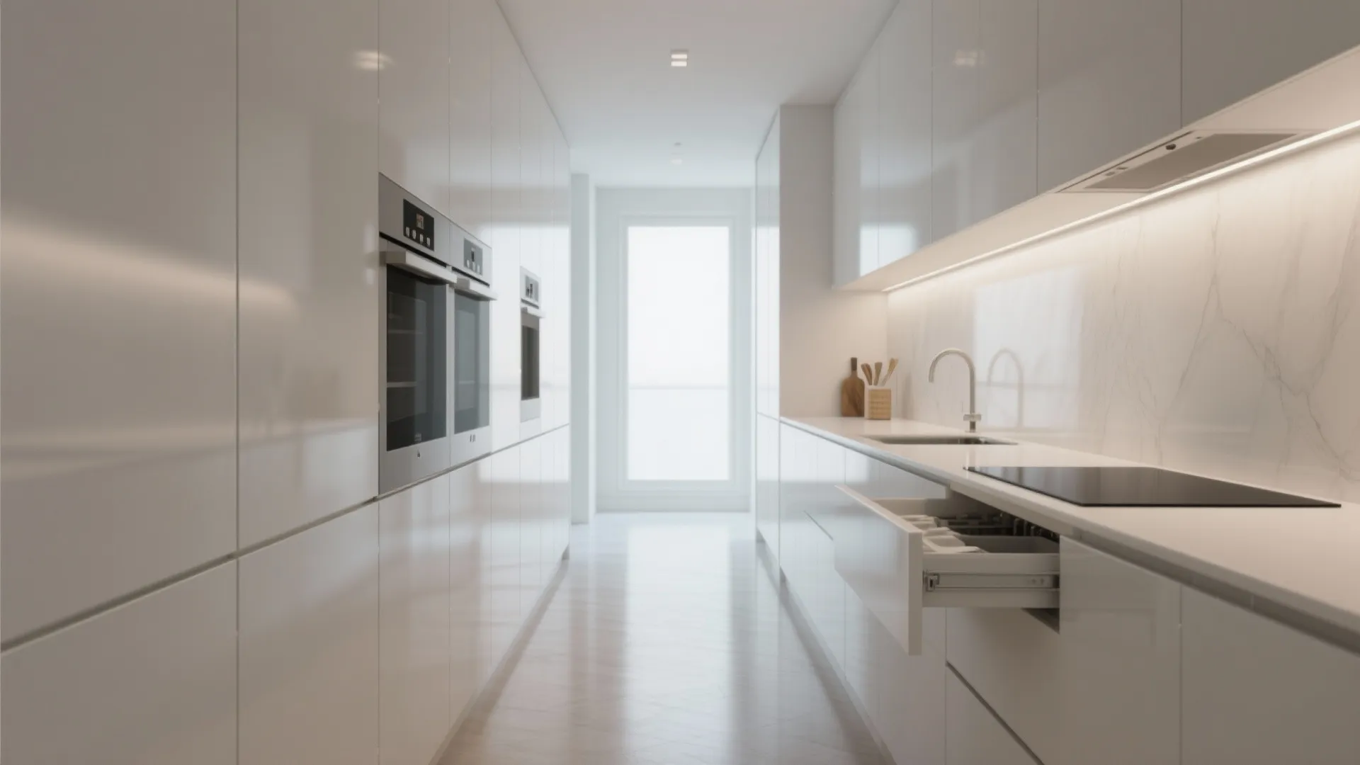 2. Handleless white cabinets for a seamless modern feel